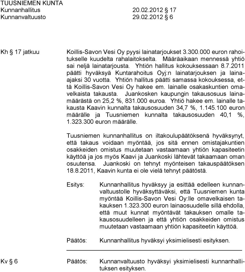 Yhtiön hallitus päätti samassa kokouksessa, että Koillis-Savon Vesi Oy hakee em. lainalle osakaskuntien omavelkaista takausta. Juankosken kaupungin takausosuus lainamäärästä on 25,2 %, 831.000 euroa.