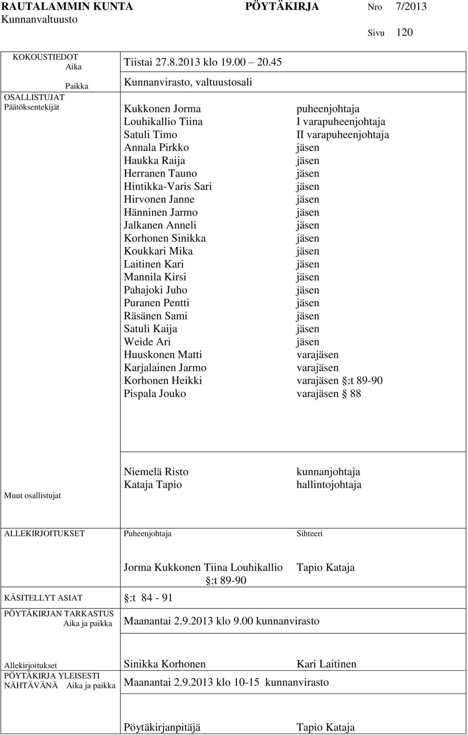 Sinikka Koukkari Mika Laitinen Kari Mannila Kirsi Pahajoki Juho Puranen Pentti Räsänen Sami Satuli Kaija Weide Ari Huuskonen Matti Karjalainen Jarmo Korhonen Heikki Pispala Jouko puheenjohtaja I
