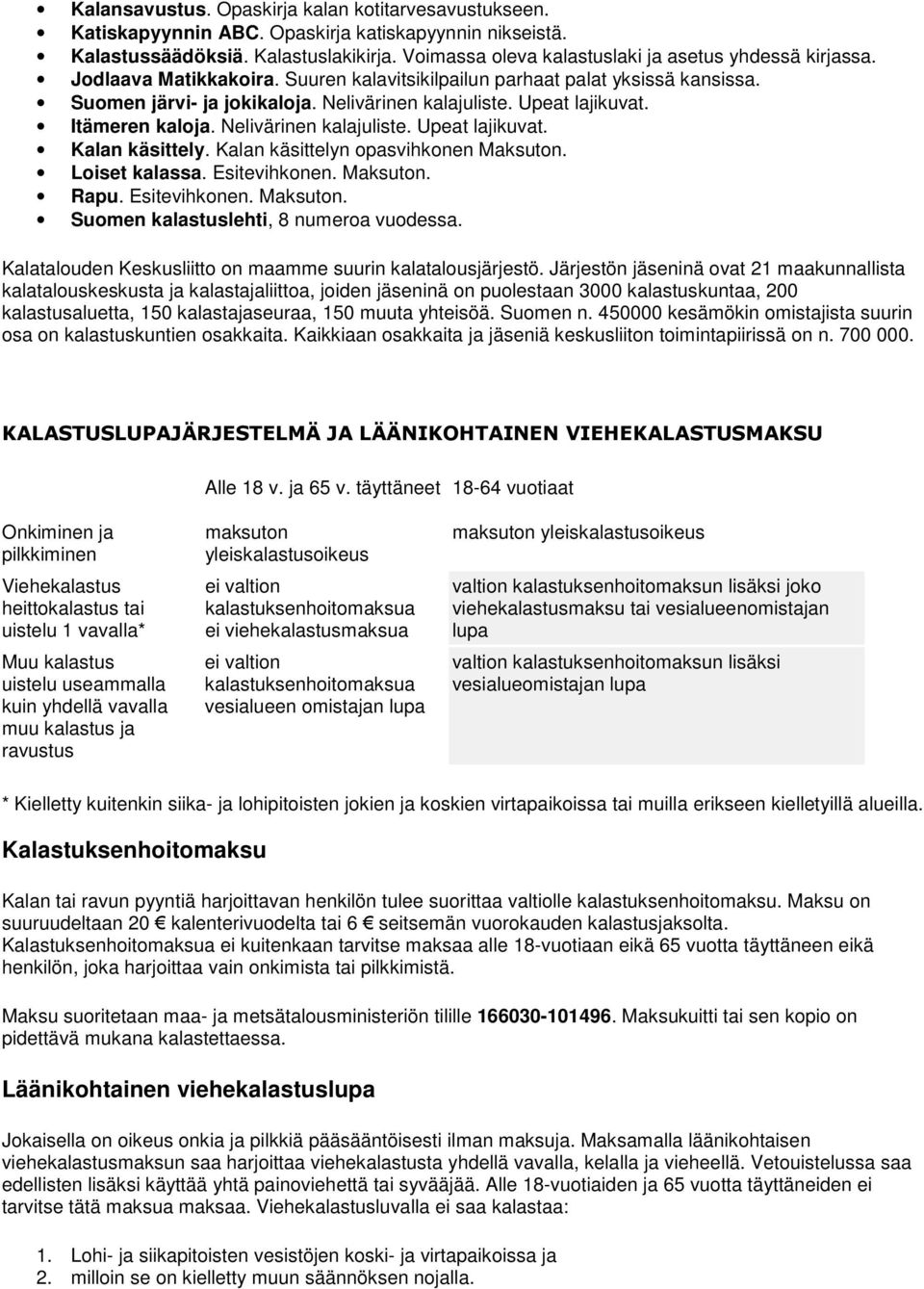 Upeat lajikuvat. Itämeren kaloja. Nelivärinen kalajuliste. Upeat lajikuvat. Kalan käsittely. Kalan käsittelyn opasvihkonen Maksuton. Loiset kalassa. Esitevihkonen. Maksuton. Rapu. Esitevihkonen. Maksuton. Suomen kalastuslehti, 8 numeroa vuodessa.