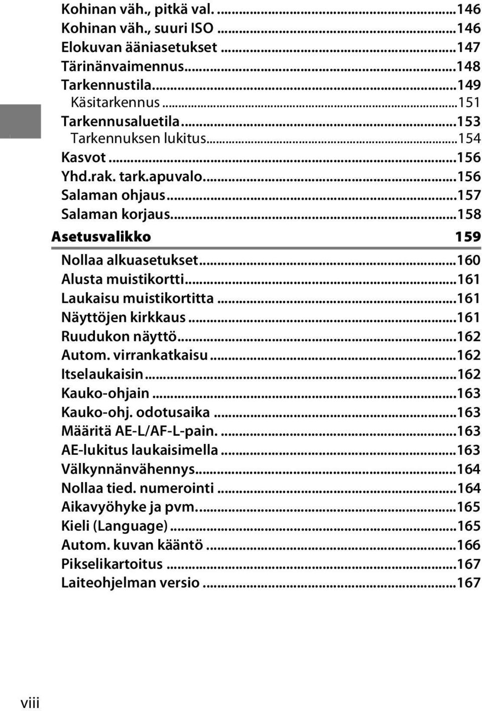 ..161 Laukaisu muistikortitta...161 Näyttöjen kirkkaus...161 Ruudukon näyttö...162 Autom. virrankatkaisu...162 Itselaukaisin...162 Kauko-ohjain...163 Kauko-ohj. odotusaika.