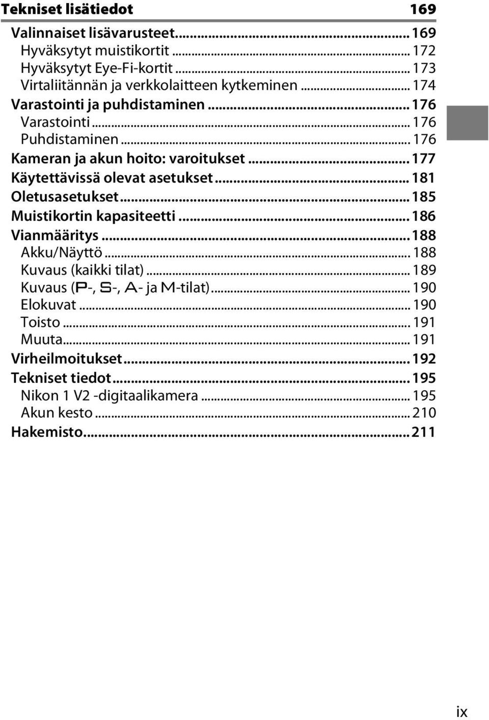 .. 181 Oletusasetukset... 185 Muistikortin kapasiteetti... 186 Vianmääritys... 188 Akku/Näyttö... 188 Kuvaus (kaikki tilat)... 189 Kuvaus (t-, u-, v- ja w-tilat).