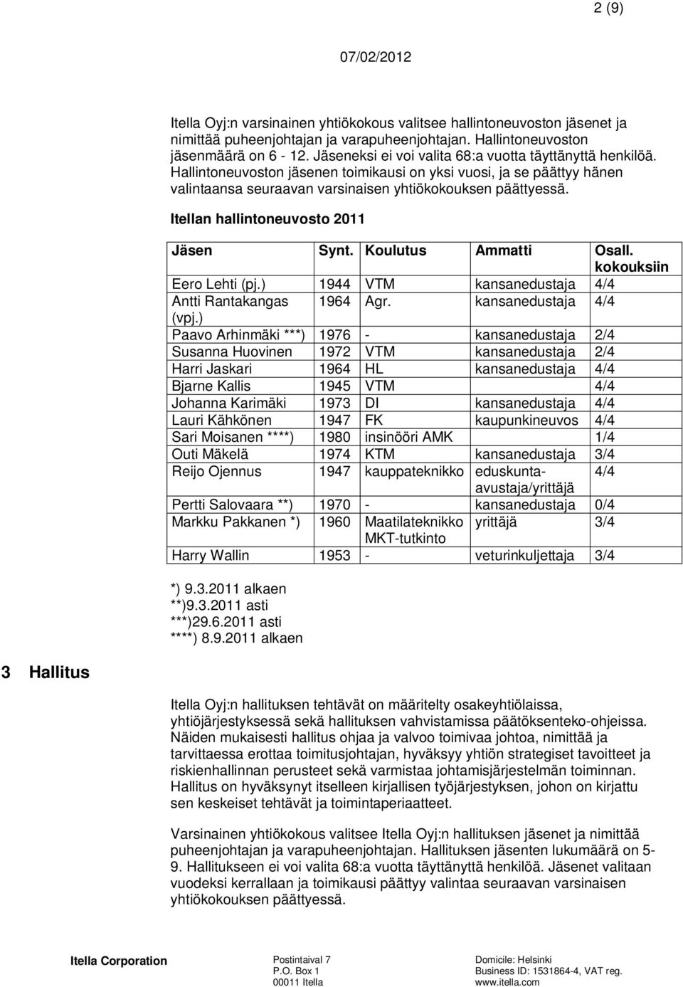 Itellan hallintoneuvosto 2011 Jäsen Synt. Koulutus Ammatti Osall. kokouksiin Eero Lehti (pj.) 1944 VTM kansanedustaja 4/4 Antti Rantakangas 1964 Agr. kansanedustaja 4/4 (vpj.