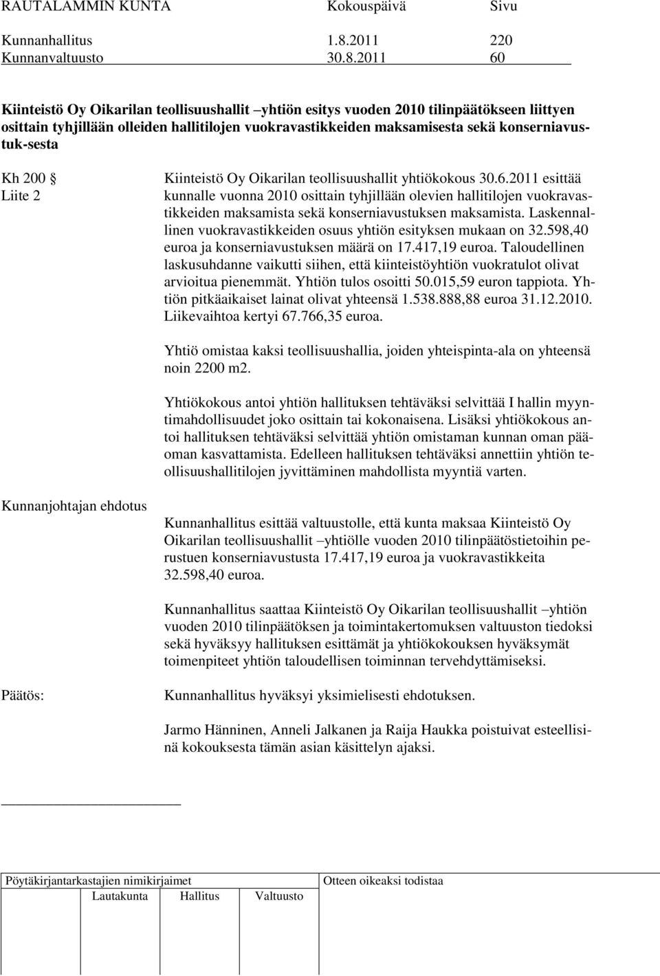 2011 60 Kiinteistö Oy Oikarilan teollisuushallit yhtiön esitys vuoden 2010 tilinpäätökseen liittyen osittain tyhjillään olleiden hallitilojen vuokravastikkeiden maksamisesta sekä