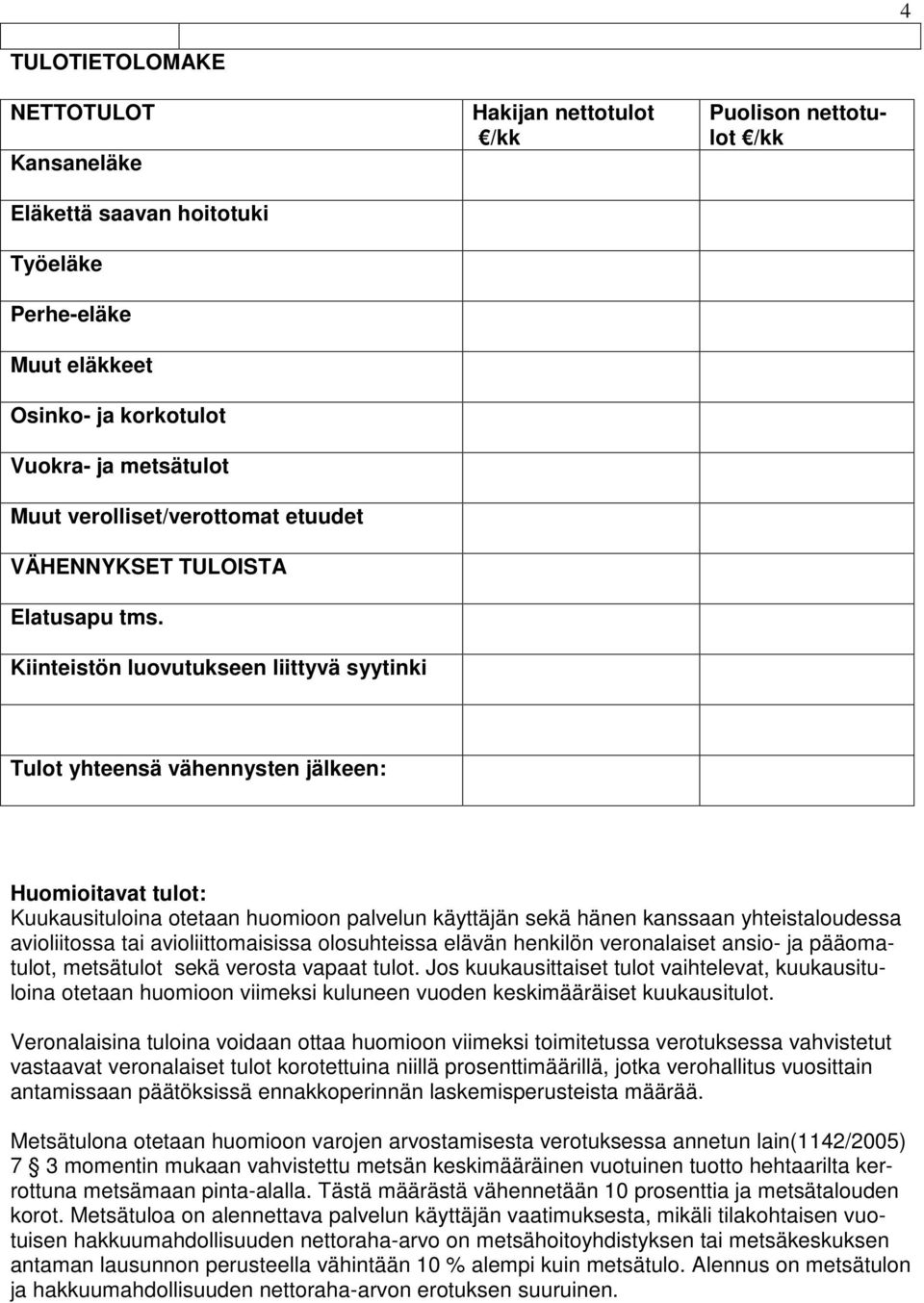 Kiinteistön luovutukseen liittyvä syytinki Hakijan nettotulot /kk Puolison nettotulot /kk Tulot yhteensä vähennysten jälkeen: Huomioitavat tulot: Kuukausituloina otetaan huomioon palvelun käyttäjän