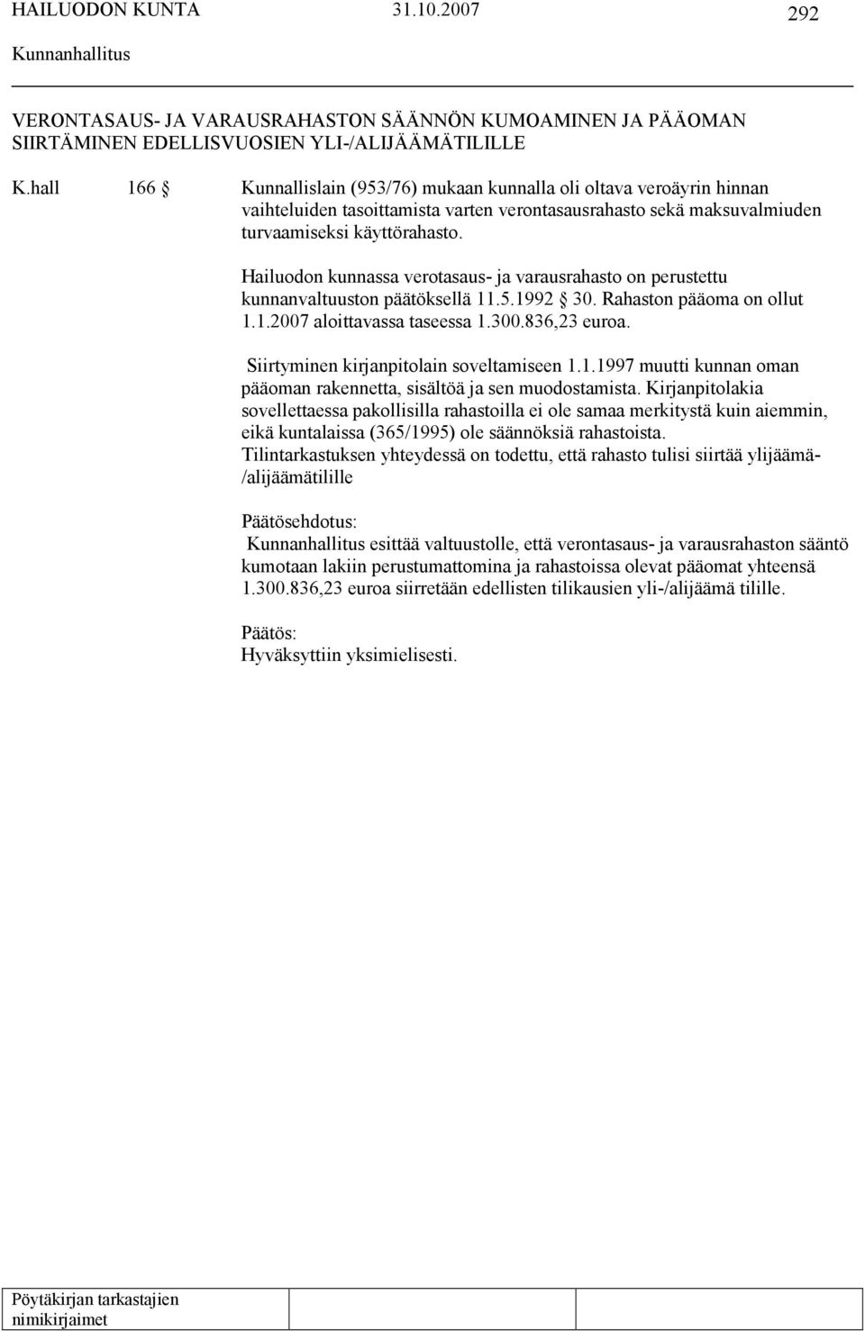 Hailuodon kunnassa verotasaus- ja varausrahasto on perustettu kunnanvaltuuston päätöksellä 11.5.1992 30. Rahaston pääoma on ollut 1.1.2007 aloittavassa taseessa 1.300.836,23 euroa.