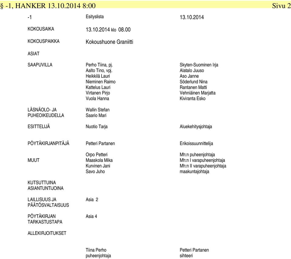 Heikkilä Lauri Nieminen Raimo Kattelus Lauri Virtanen Pirjo Vuola Hanna Wallin Stefan Saario Mari Skyten-Suominen Irja Alatalo Juuso Aso Janne Söderlund Nina Rantanen Matti Vehniäinen Marjatta