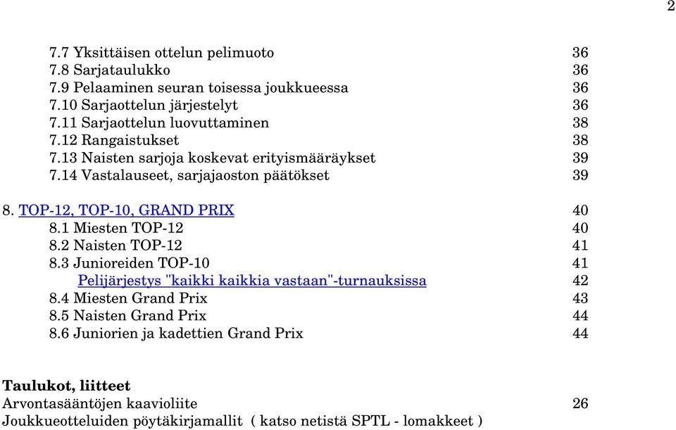 TOP-12, TOP-10, GRAND PRIX 40 8.1 Miesten TOP-12 40 8.2 Naisten TOP-12 41 8.3 Junioreiden TOP-10 41 Pelijärjestys "kaikki kaikkia vastaan"-turnauksissa 42 8.