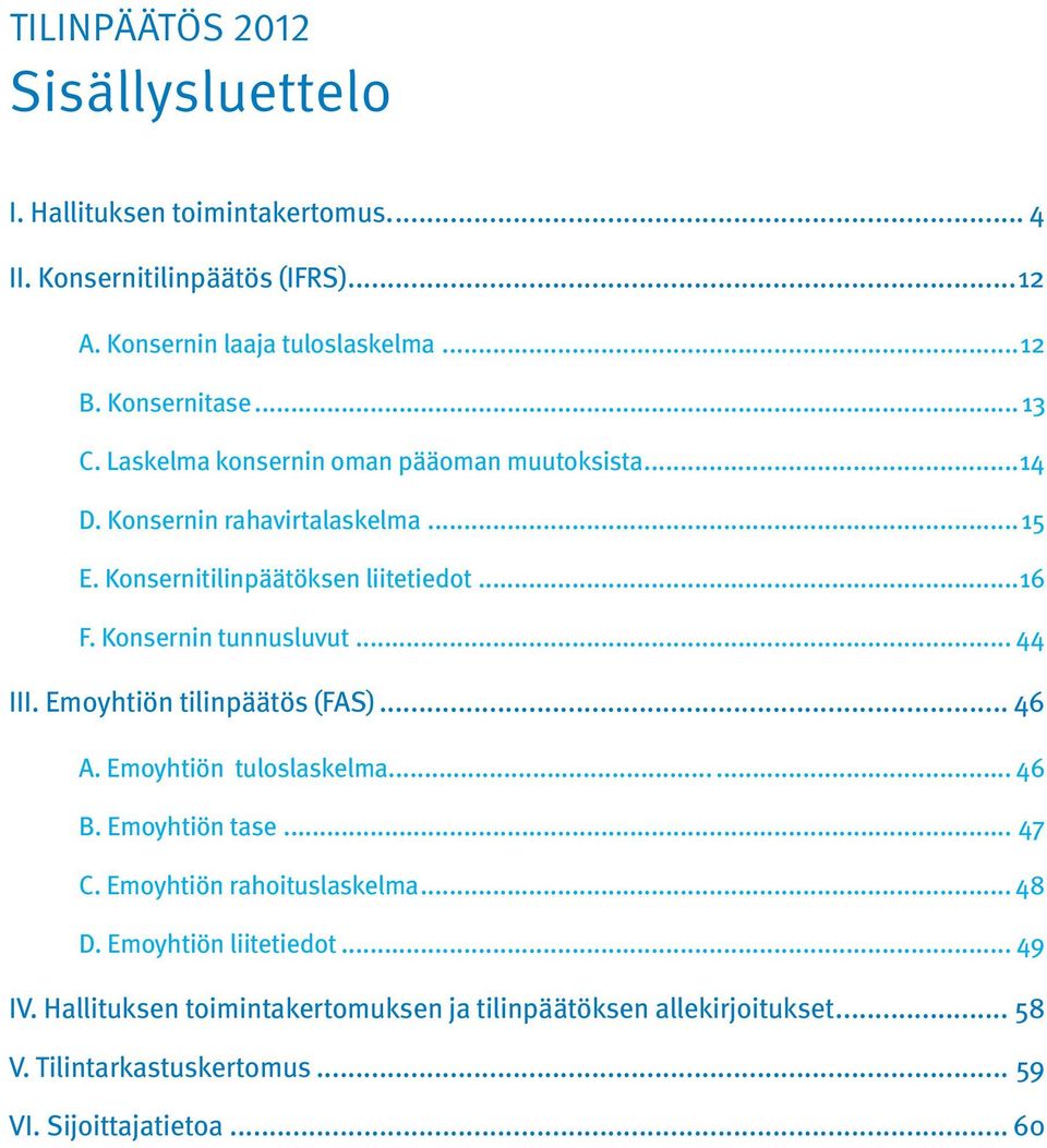 Konsernin tunnusluvut... 44 III. Emoyhtiön tilinpäätös (FAS)... 46 A. Emoyhtiön tuloslaskelma... 46 B. Emoyhtiön tase... 47 C.