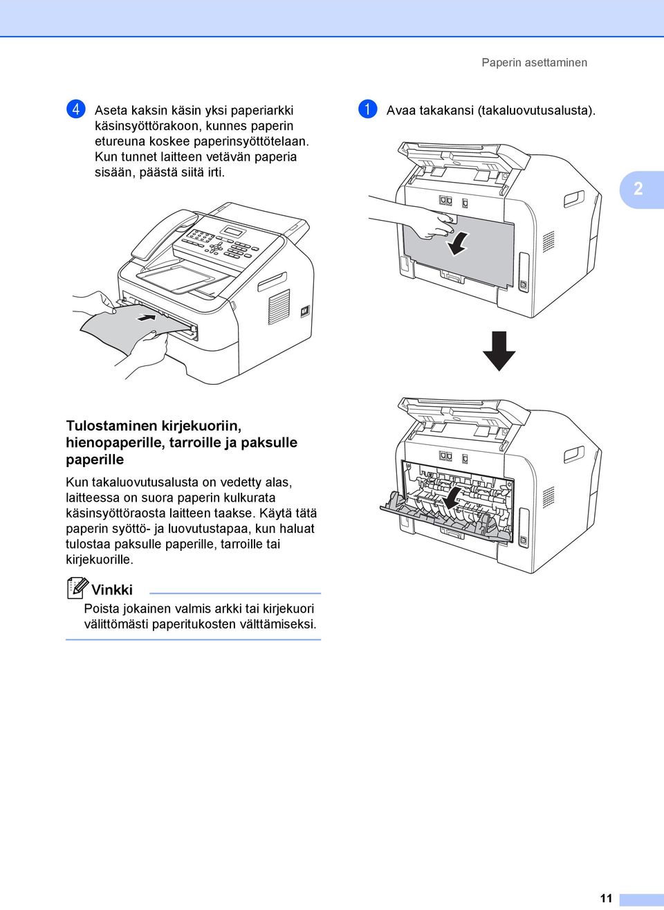 2 Tulostaminen kirjekuoriin, hienopaperille, tarroille ja paksulle paperille 2 Kun takaluovutusalusta on vedetty alas, laitteessa on suora paperin kulkurata