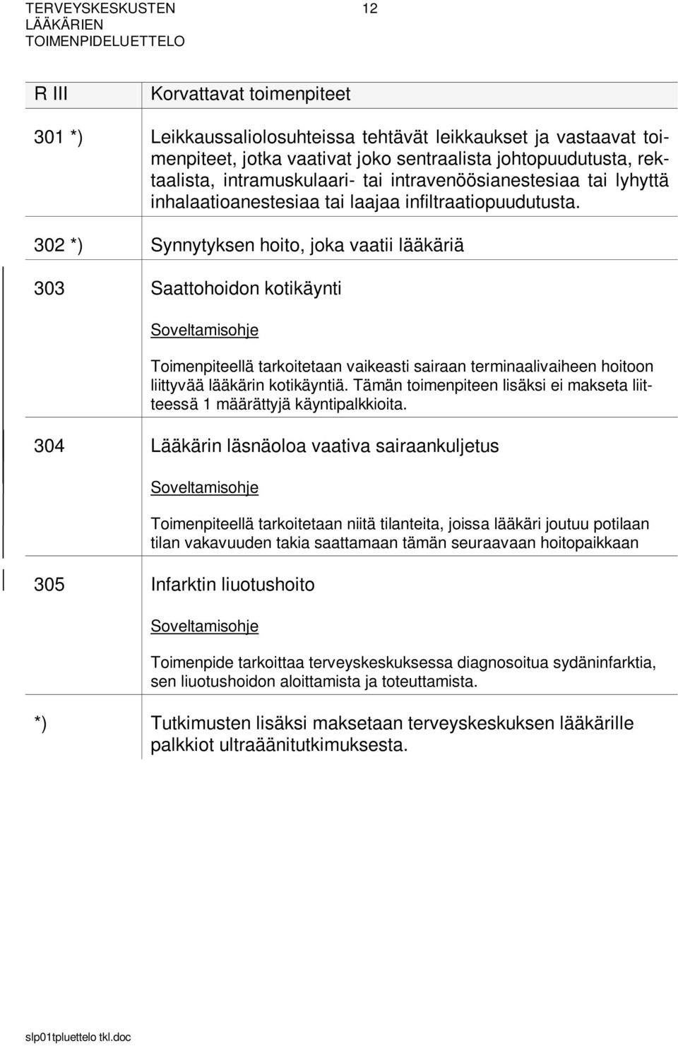 302 *) Synnytyksen hoito, joka vaatii lääkäriä 303 Saattohoidon kotikäynti Toimenpiteellä tarkoitetaan vaikeasti sairaan terminaalivaiheen hoitoon liittyvää lääkärin kotikäyntiä.