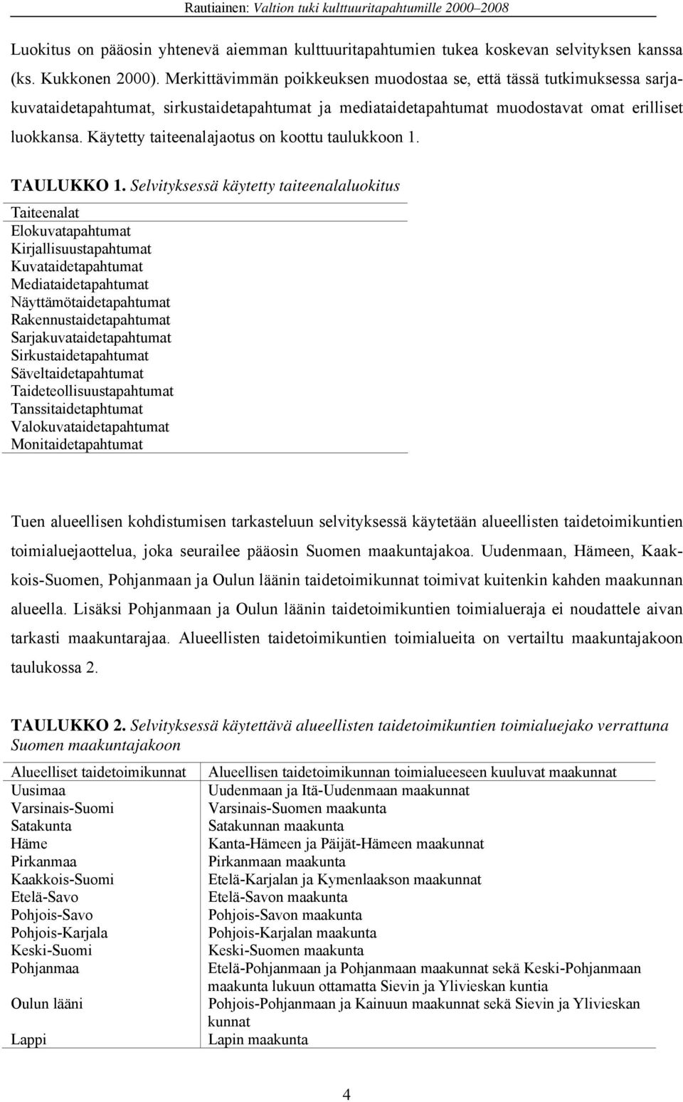 Käytetty taiteenalajaotus on koottu taulukkoon 1. TAULUKKO 1.