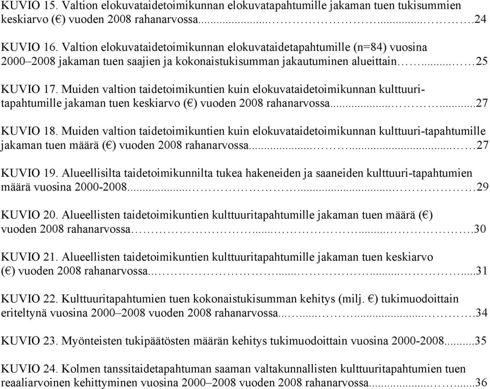 Muiden valtion taidetoimikuntien kuin elokuvataidetoimikunnan kulttuuritapahtumille jakaman tuen keskiarvo ( ) vuoden 2008 rahanarvossa......27 KUVIO 18.