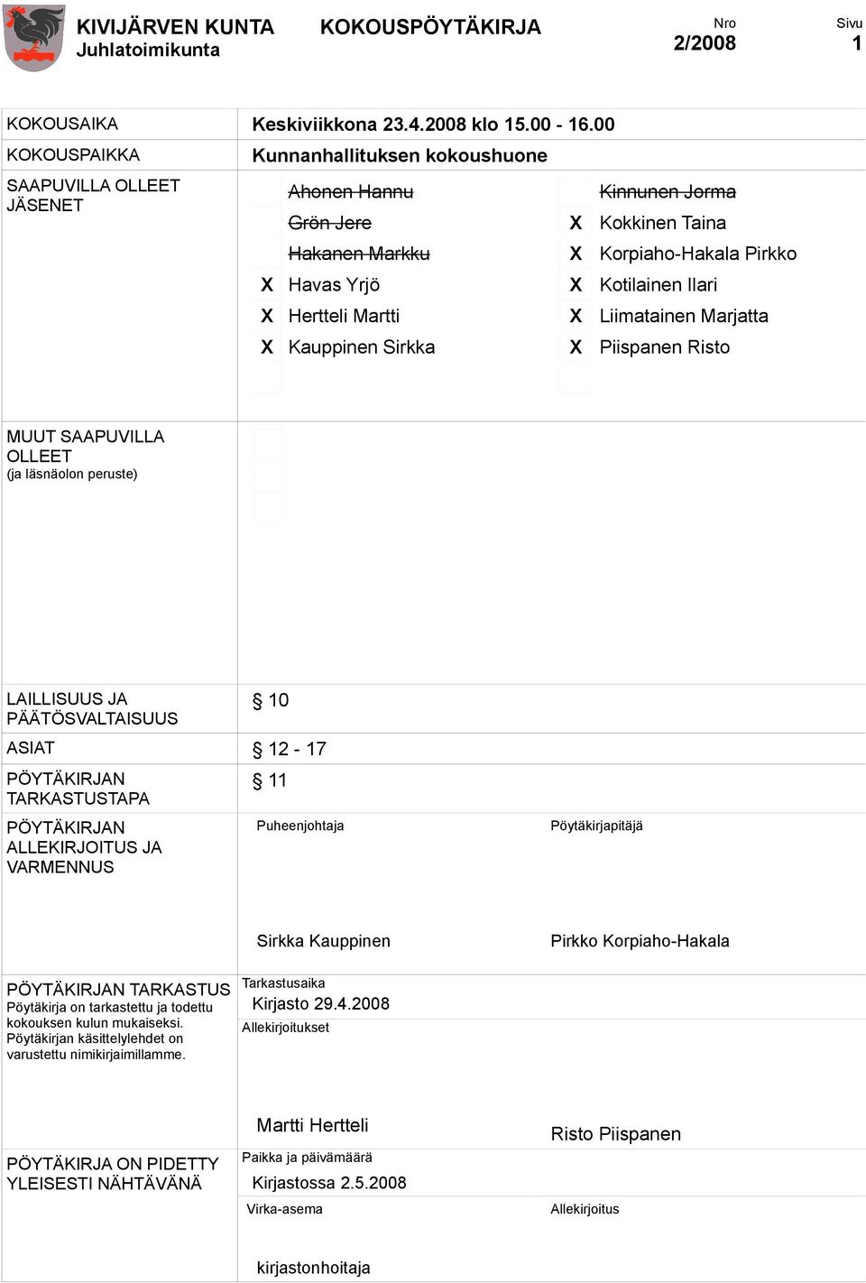 X Hertteli Martti X Liimatainen Marjatta X Kauppinen Sirkka X Piispanen Risto MUUT SAAPUVILLA OLLEET (ja läsnäolon peruste) LAILLISUUS JA PÄÄTÖSVALTAISUUS 10 ASIAT 12-17 PÖYTÄKIRJAN TARKASTUSTAPA