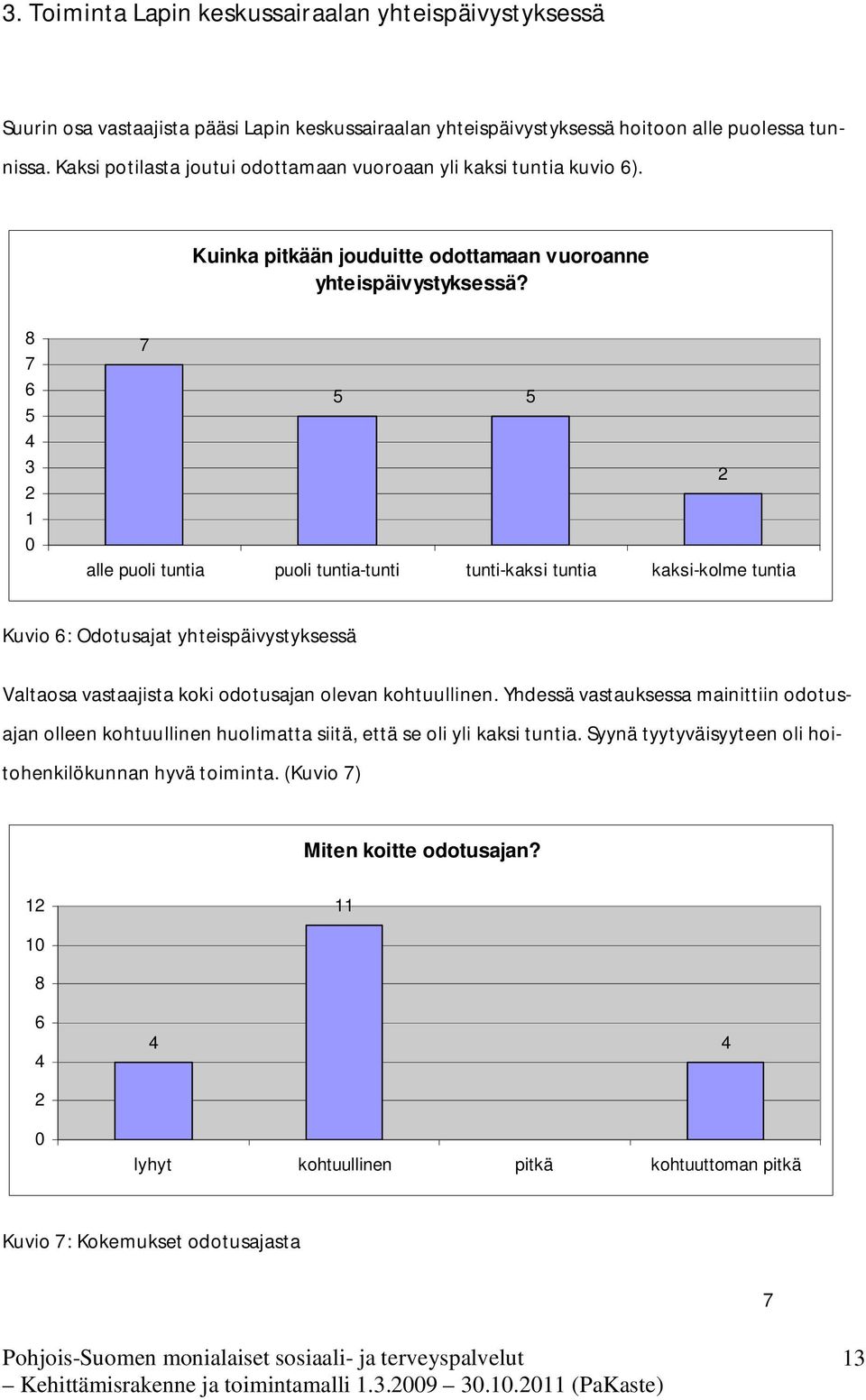 8 7 6 5 4 3 2 1 0 7 5 5 2 alle puoli tuntia puoli tuntia-tunti tunti-kaksi tuntia kaksi-kolme tuntia Kuvio 6: Odotusajat yhteispäivystyksessä Valtaosa vastaajista koki odotusajan olevan kohtuullinen.