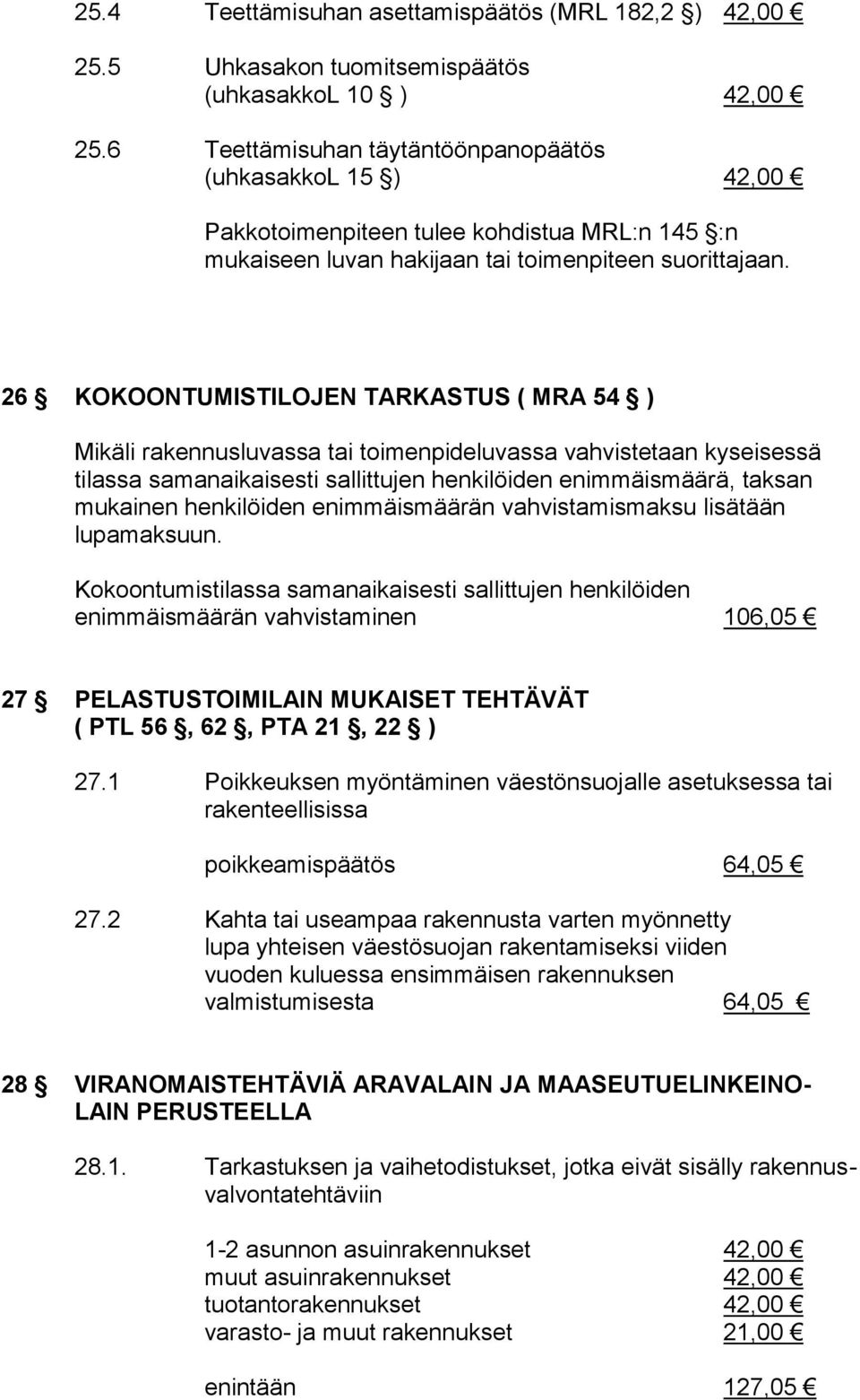 26 KOKOONTUMISTILOJEN TARKASTUS ( MRA 54 ) Mikäli rakennusluvassa tai toimenpideluvassa vahvistetaan kyseisessä tilassa samanaikaisesti sallittujen henkilöiden enimmäismäärä, taksan mukainen