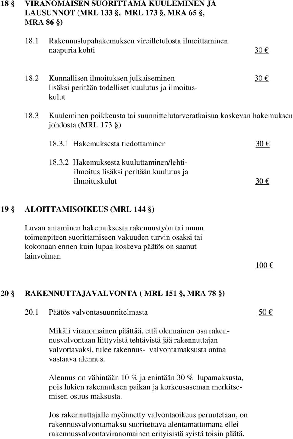 3.2 Hakemuksesta kuuluttaminen/lehtiilmoitus lisäksi peritään kuulutus ja ilmoituskulut 30 19 ALOITTAMISOIKEUS (MRL 144 ) Luvan antaminen hakemuksesta rakennustyön tai muun toimenpiteen