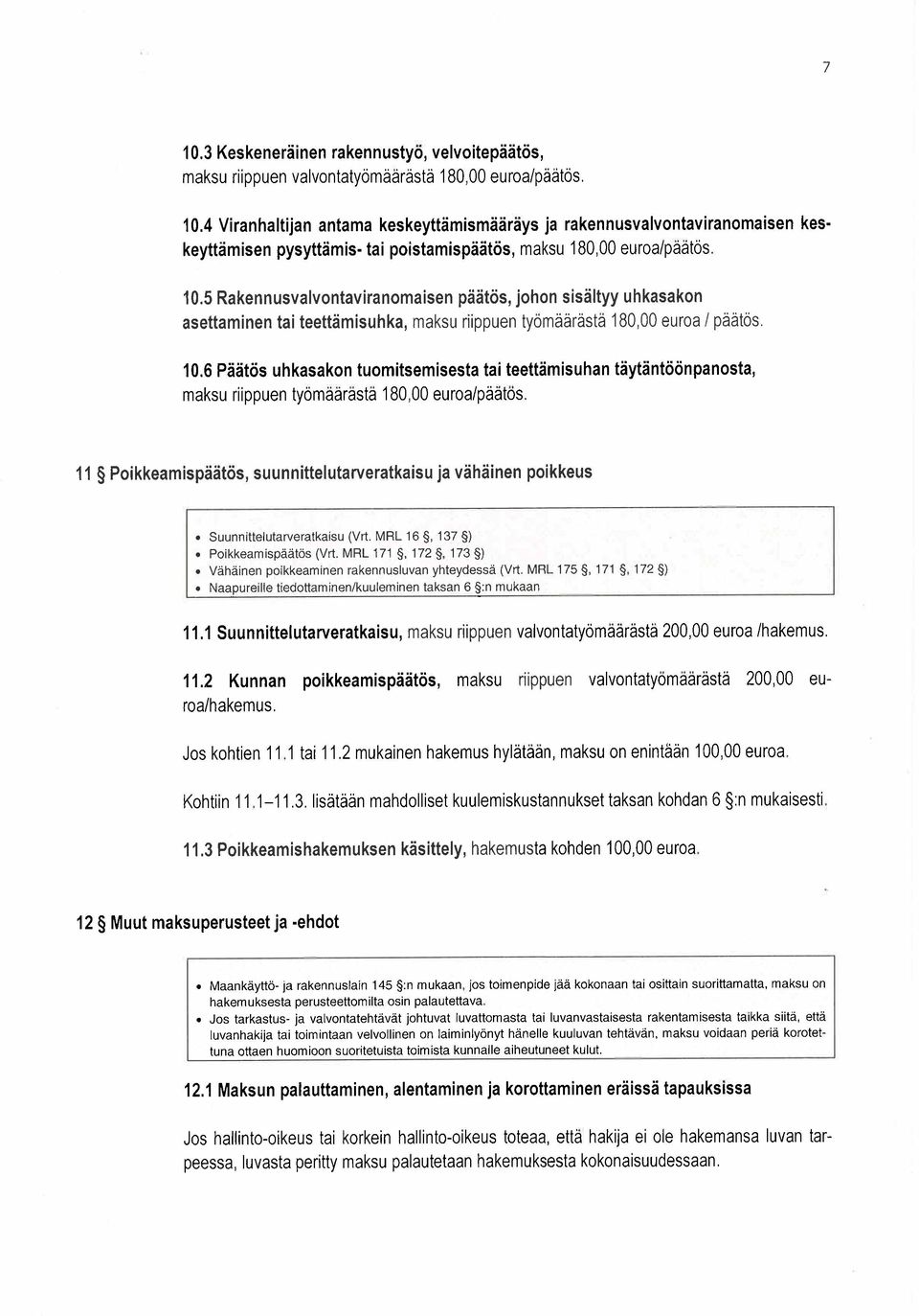 6 Päätös uhkasakon tuomitsemisesta tai teettämisuhan täytäntöönpanosta, maksu riippuen työmäärästä 180,00 euroa/päätös, 11 Poikkeamispäätös, suunnittelutarveratkaisu ja vähäinen poikkeus.