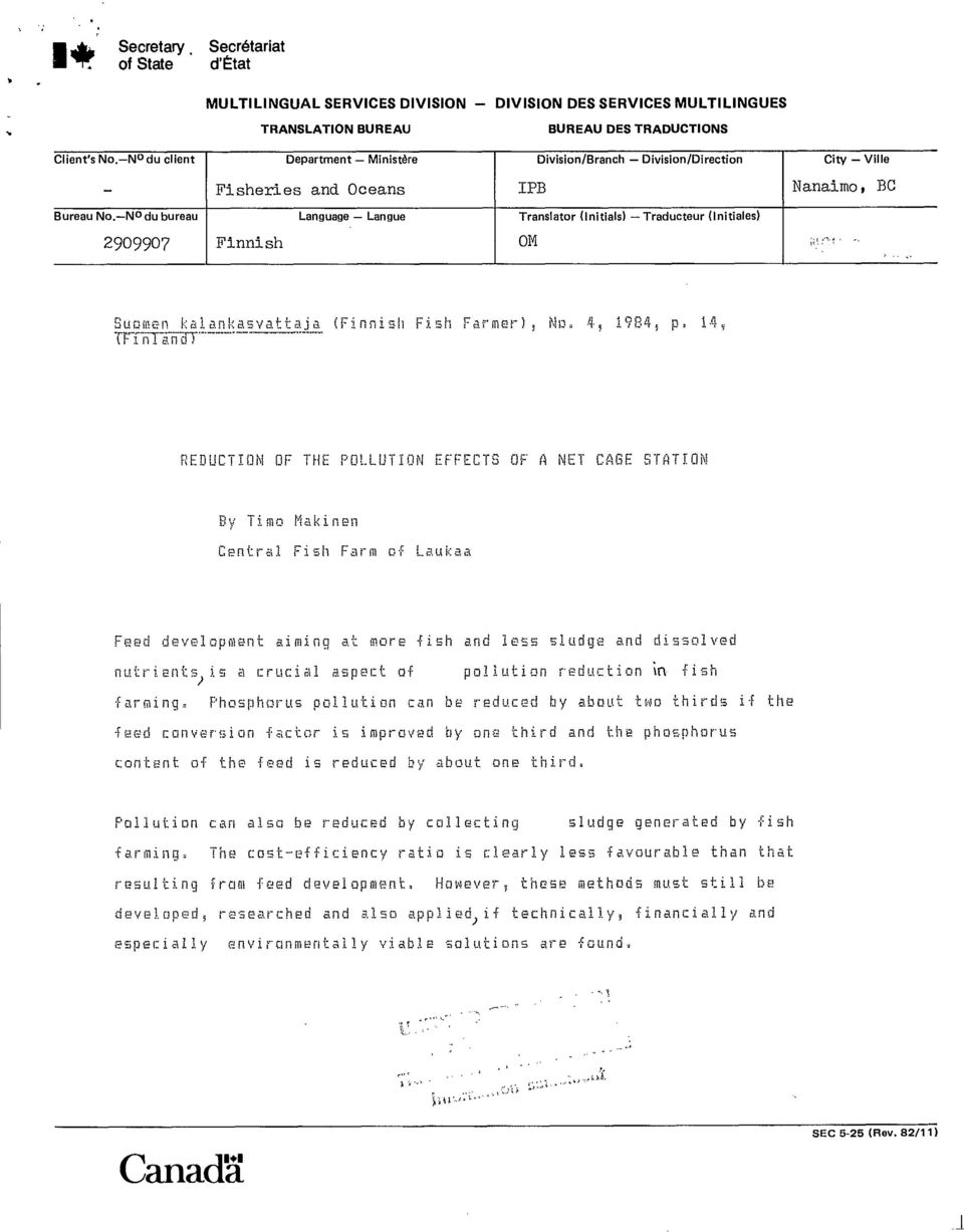 -1\1 0 du bureau Language Langue Translator (Initials) Traducteur (lnitiales) 2909907 Finnish ON Suomen kalanka.:vatfaja (Finnih Fir.,,h Farmer), No. 4, 1984, p.