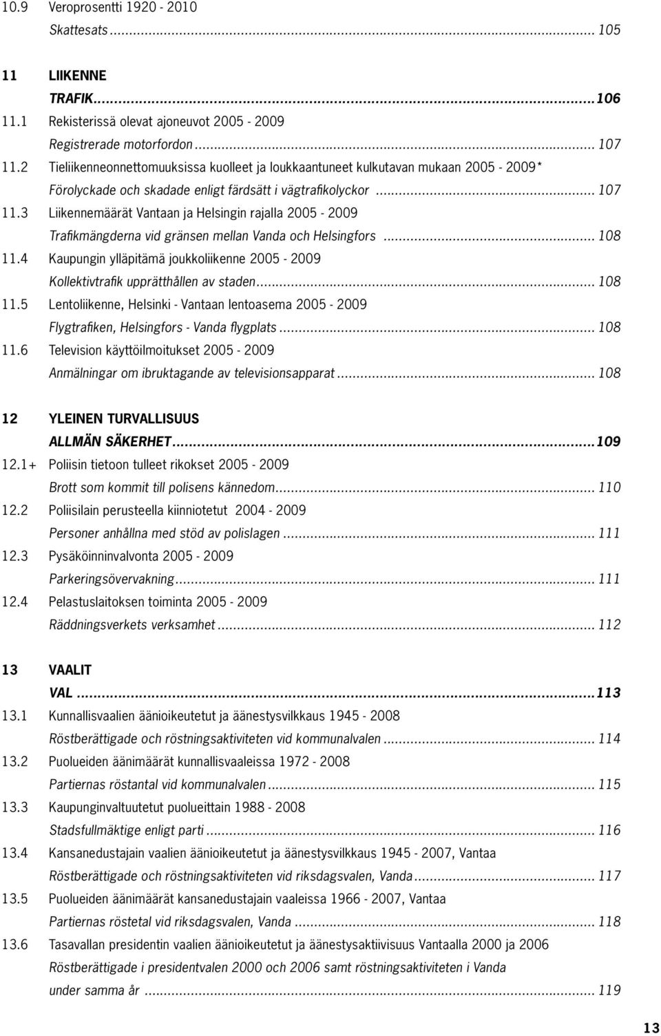 3 Liikennemäärät Vantaan ja Helsingin rajalla 2005-2009 Trafikmängderna vid gränsen mellan Vanda och Helsingfors... 108 11.