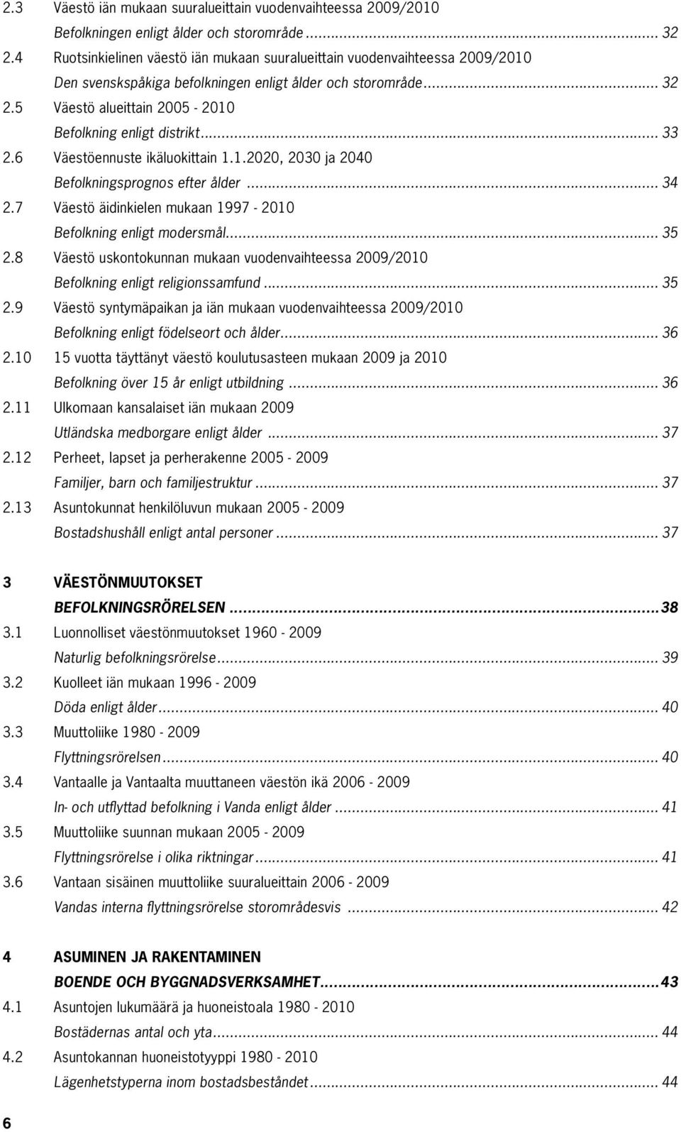 5 Väestö alueittain 2005-2010 Befolkning enligt distrikt... 33 2.6 Väestöennuste ikäluokittain 1.1.2020, 2030 ja 2040 Befolkningsprognos efter ålder... 34 2.