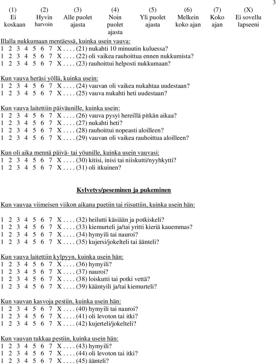 Kun vauva laitettiin päiväunille, kuinka usein: 1 2 3 4 5 6 7 X.... (26) vauva pysyi hereillä pitkän aikaa? 1 2 3 4 5 6 7 X.... (27) nukahti heti? 1 2 3 4 5 6 7 X.... (28) rauhoittui nopeasti aloilleen?