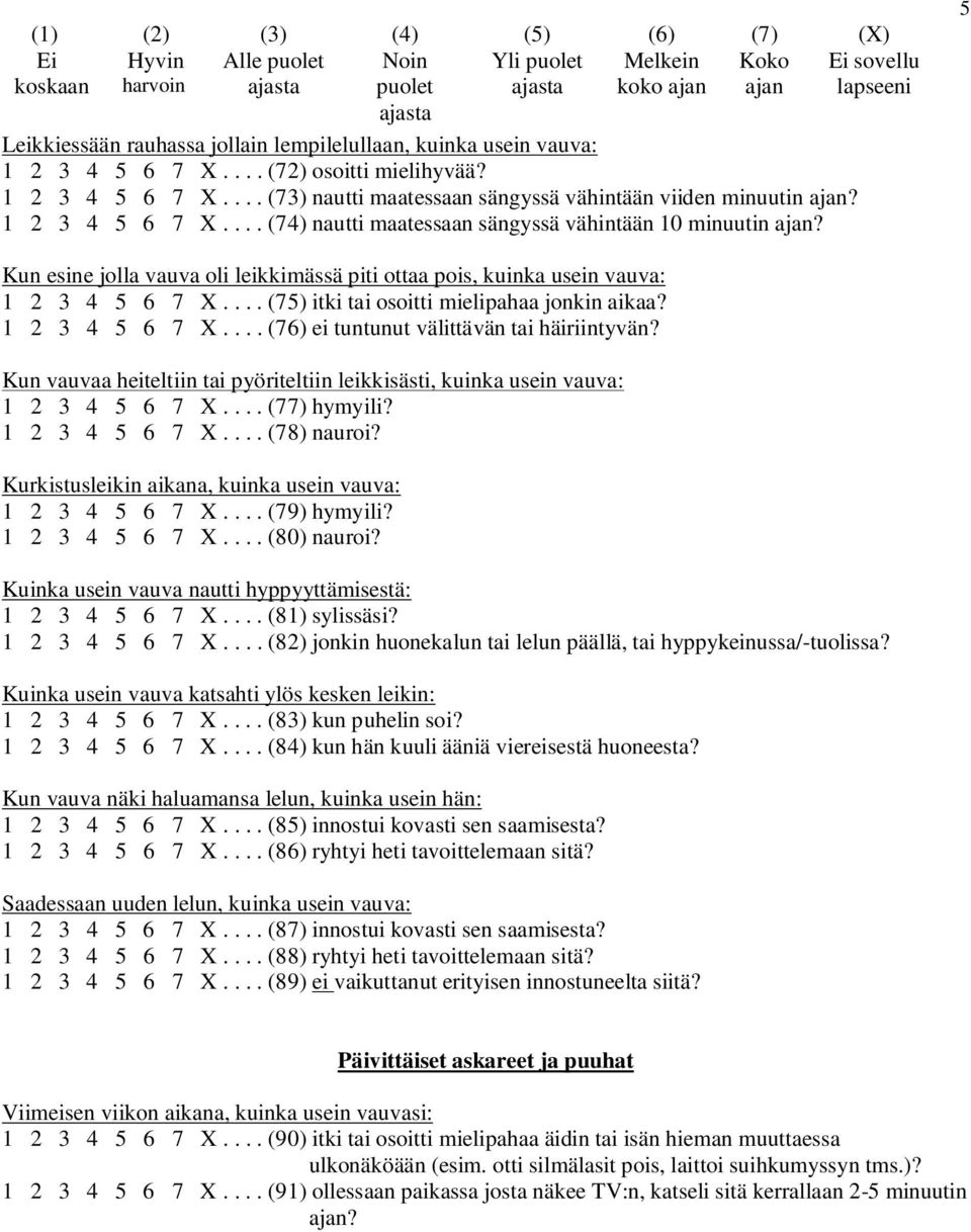 ... (75) itki tai osoitti mielipahaa jonkin aikaa? 1 2 3 4 5 6 7 X.... (76) ei tuntunut välittävän tai häiriintyvän?