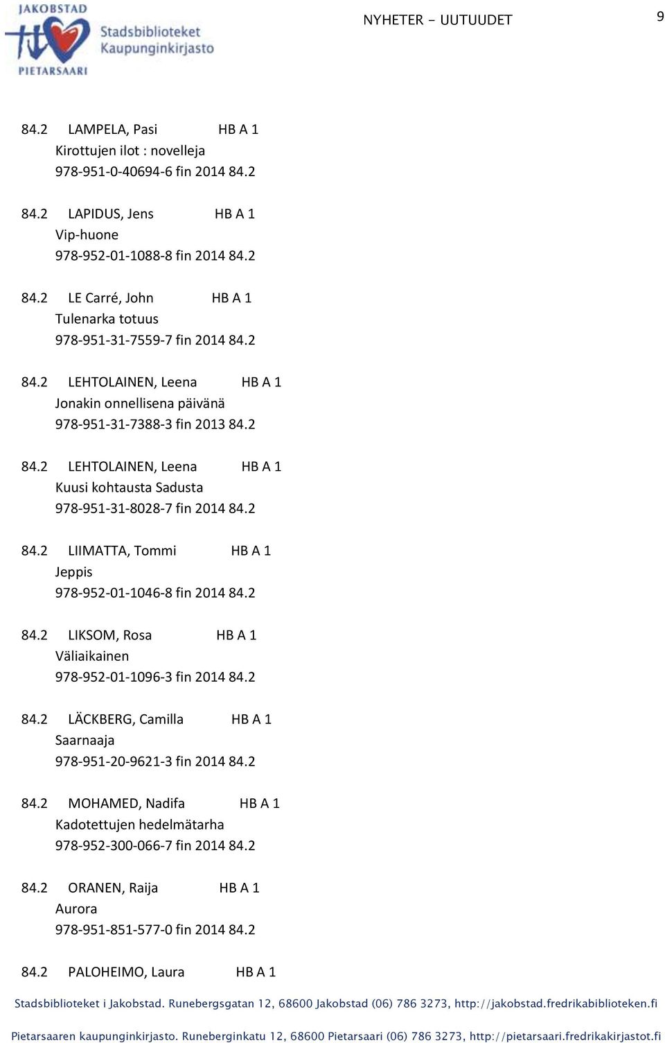 2 84.2 LIKSOM, Rosa HB A 1 Väliaikainen 978-952-01-1096-3 fin 2014 84.2 84.2 LÄCKBERG, Camilla HB A 1 Saarnaaja 978-951-20-9621-3 fin 2014 84.2 84.2 MOHAMED, Nadifa HB A 1 Kadotettujen hedelmätarha 978-952-300-066-7 fin 2014 84.