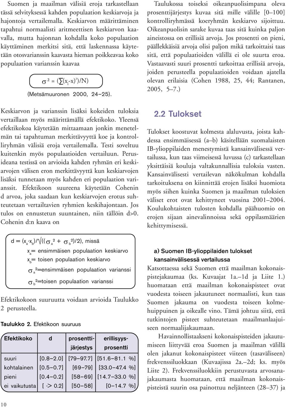 hieman poikkeavaa koko populaation varianssin kaavaa s² = ( (x i -x) ² )/N) (Metsämuuronen 2000, 24 25). Keskiarvon ja varianssin lisäksi kokeiden tuloksia vertaillaan myös määrittämällä efektikoko.