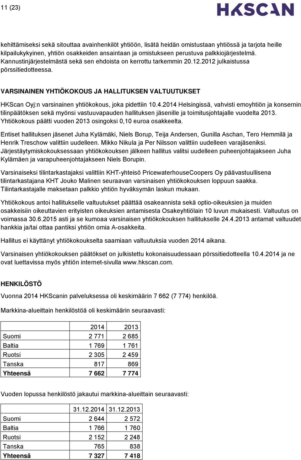 VARSINAINEN YHTIÖKOKOUS JA HALLITUKSEN VALTUUTUKSET HKScan Oyj:n varsinainen yhtiökokous, joka pidettiin 10.4.