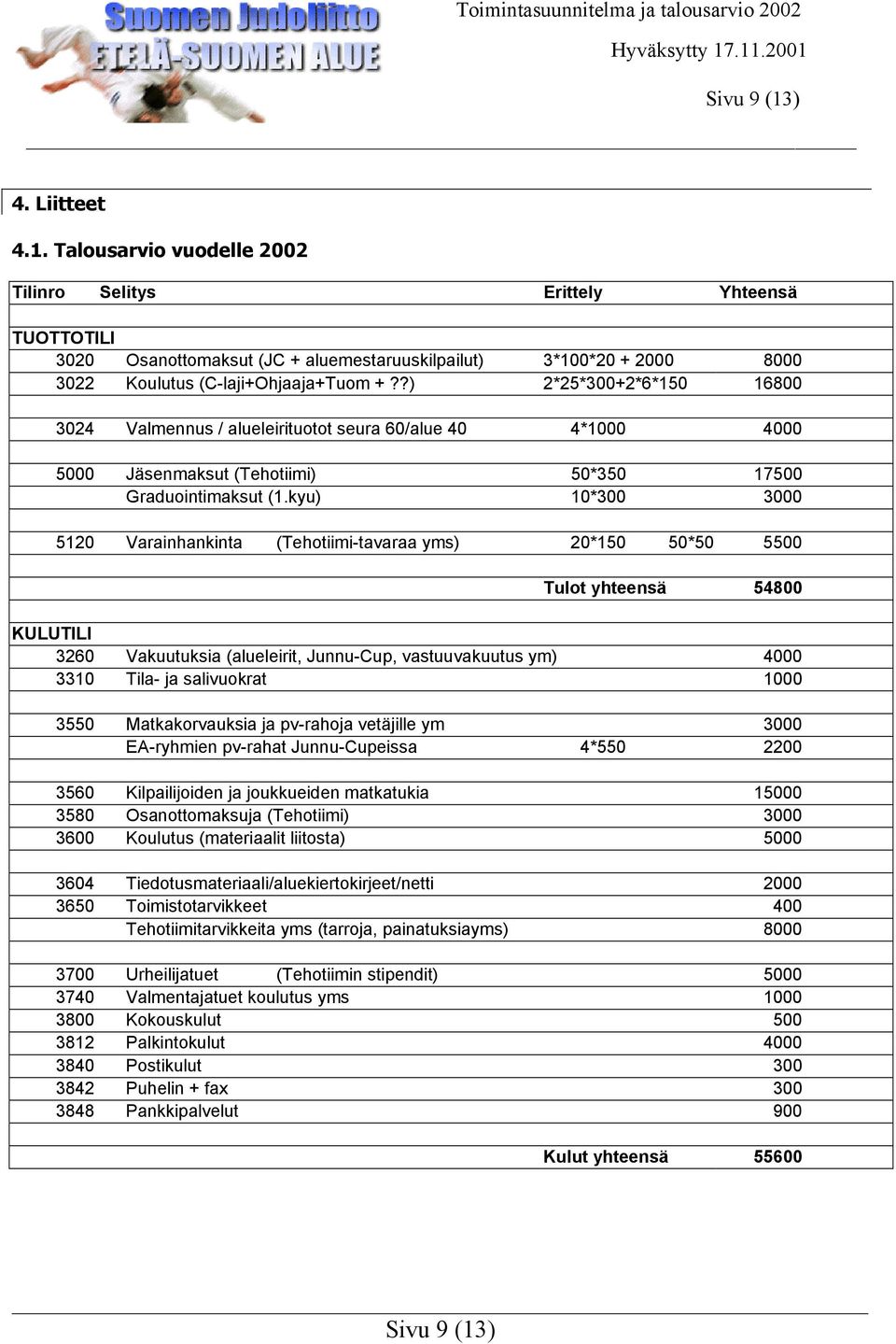 kyu) 10*300 3000 5120 Varainhankinta (Tehotiimi-tavaraa yms) 20*150 50*50 5500 Tulot yhteensä 54800 KULUTILI 3260 Vakuutuksia (alueleirit, Junnu-Cup, vastuuvakuutus ym) 4000 3310 Tila- ja salivuokrat