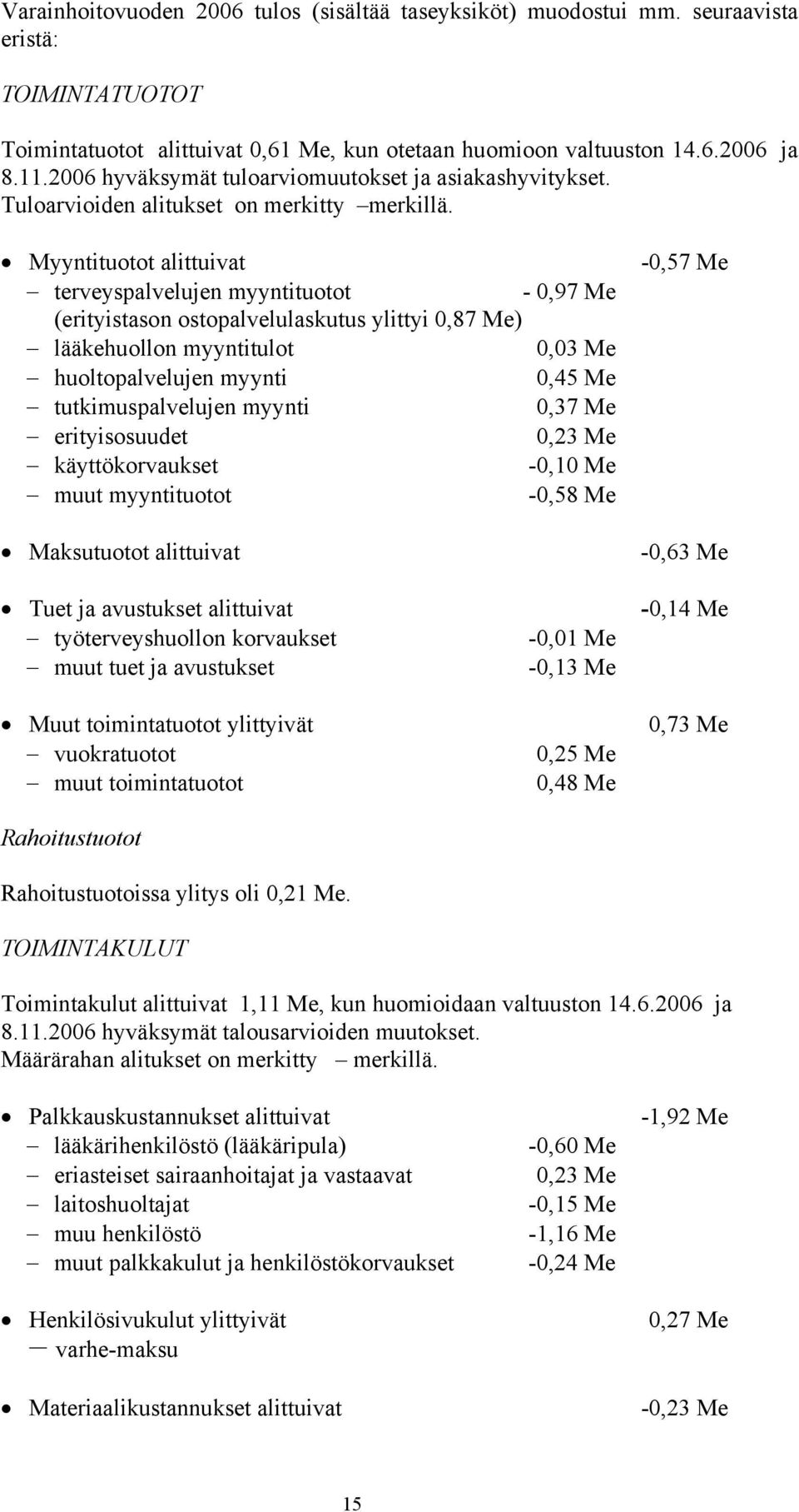 Myyntituotot alittuivat terveyspalvelujen myyntituotot - 0,97 Me (erityistason ostopalvelulaskutus ylittyi 0,87 Me) lääkehuollon myyntitulot 0,03 Me huoltopalvelujen myynti 0,45 Me tutkimuspalvelujen