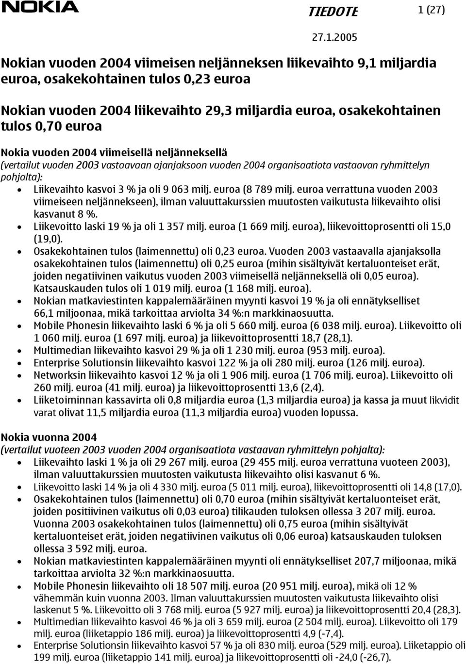 euroa (8 789 milj. euroa verrattuna vuoden 2003 viimeiseen neljännekseen), ilman valuuttakurssien muutosten vaikutusta liikevaihto olisi kasvanut 8 %. Liikevoitto laski 19 % ja oli 1 357 milj.