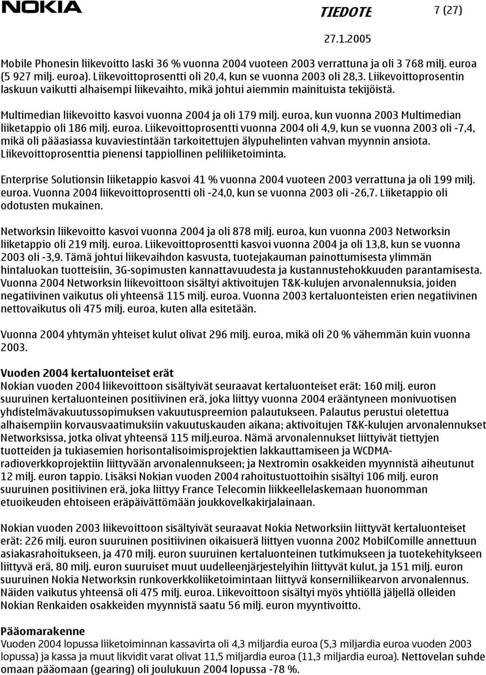 euroa, kun vuonna 2003 Multimedian liiketappio oli 186 milj. euroa.