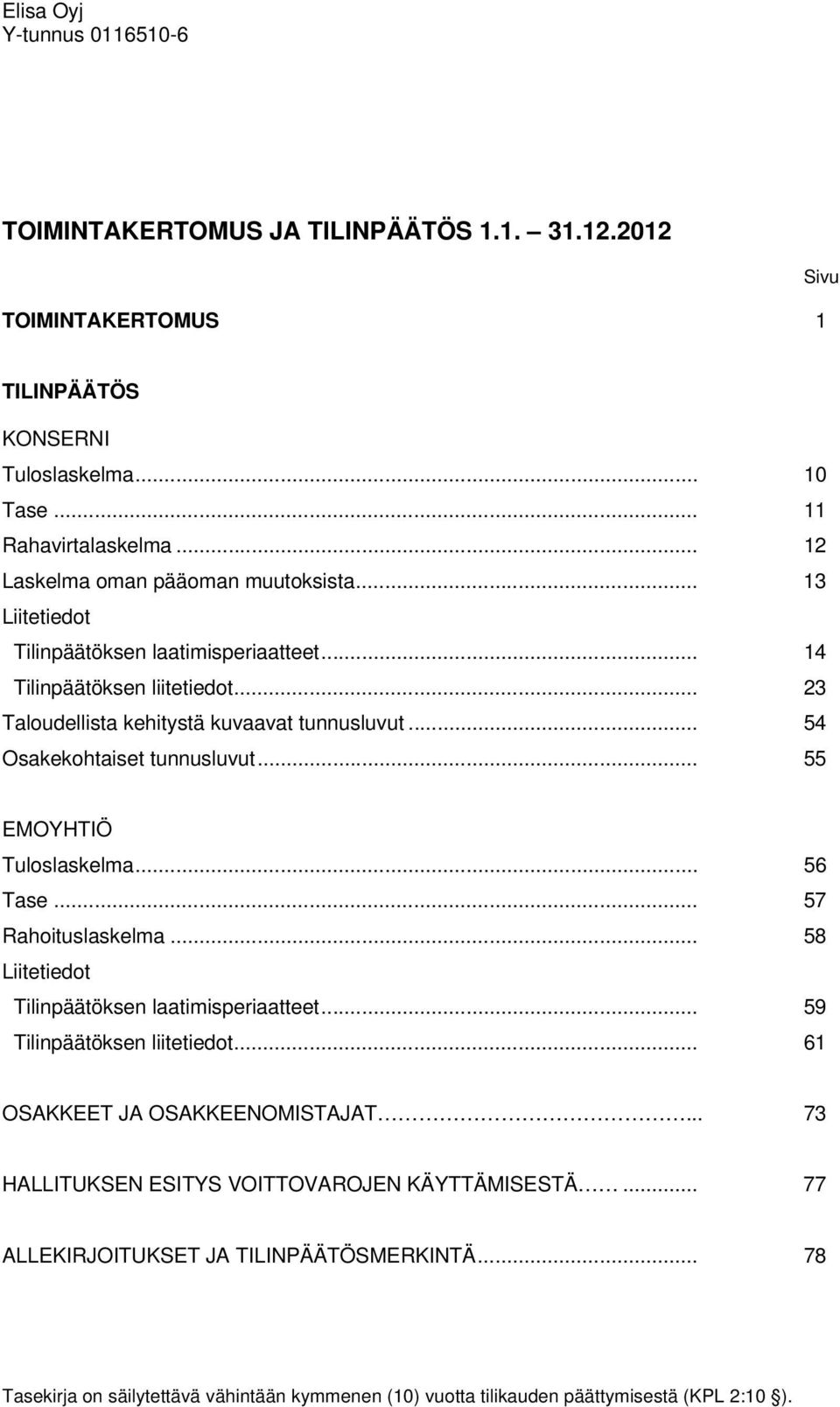 .. 54 Osakekohtaiset tunnusluvut... 55 EMOYHTIÖ Tuloslaskelma... 56 Tase... 57 Rahoituslaskelma... 58 Liitetiedot Tilinpäätöksen laatimisperiaatteet... 59 Tilinpäätöksen liitetiedot.