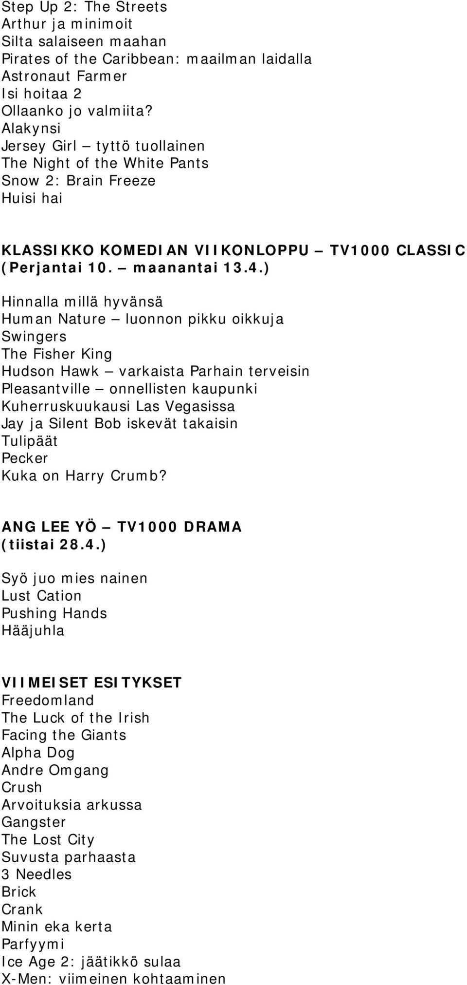 ) Hinnalla millä hyvänsä Human Nature luonnon pikku oikkuja Swingers The Fisher King Hudson Hawk varkaista Parhain terveisin Pleasantville onnellisten kaupunki Kuherruskuukausi Las Vegasissa Jay ja