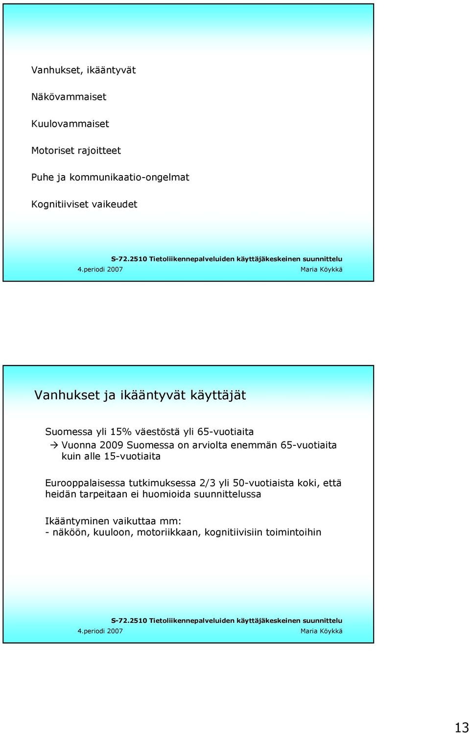 enemmän 65-vuotiaita kuin alle 15-vuotiaita Eurooppalaisessa tutkimuksessa 2/3 yli 50-vuotiaista koki, että heidän