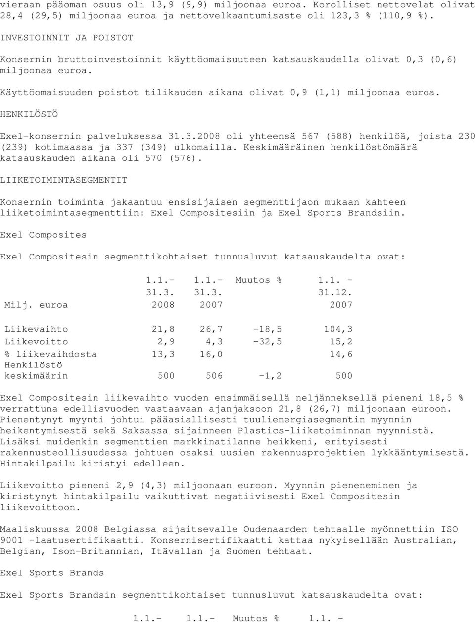 HENKILÖSTÖ Exel-konsernin palveluksessa 2008 oli yhteensä 567 (588) henkilöä, joista 230 (239) kotimaassa ja 337 (349) ulkomailla. Keskimääräinen henkilöstömäärä katsauskauden aikana oli 570 (576).