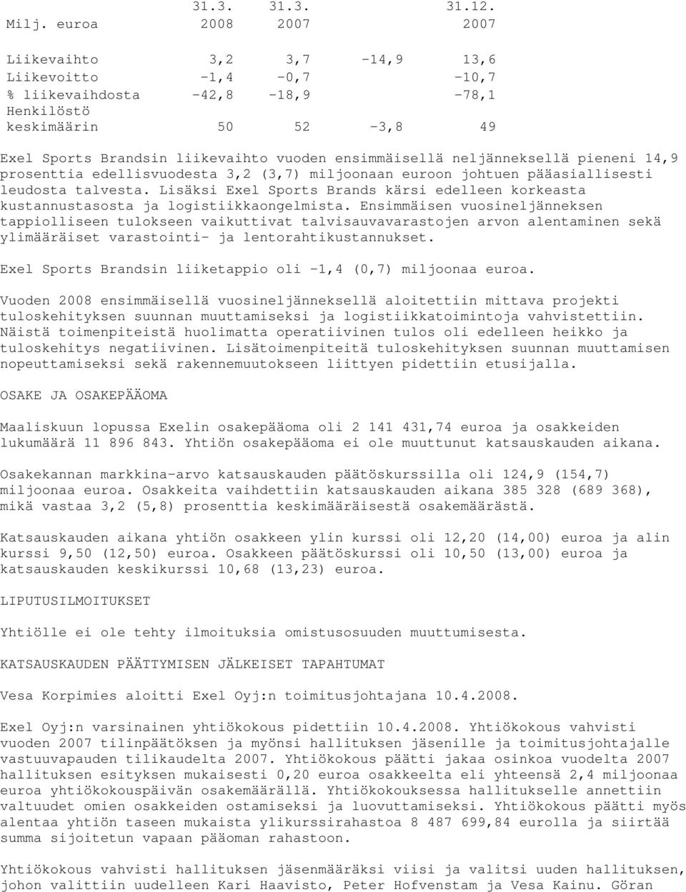 neljänneksellä pieneni 14,9 prosenttia edellisvuodesta 3,2 (3,7) miljoonaan euroon johtuen pääasiallisesti leudosta talvesta.