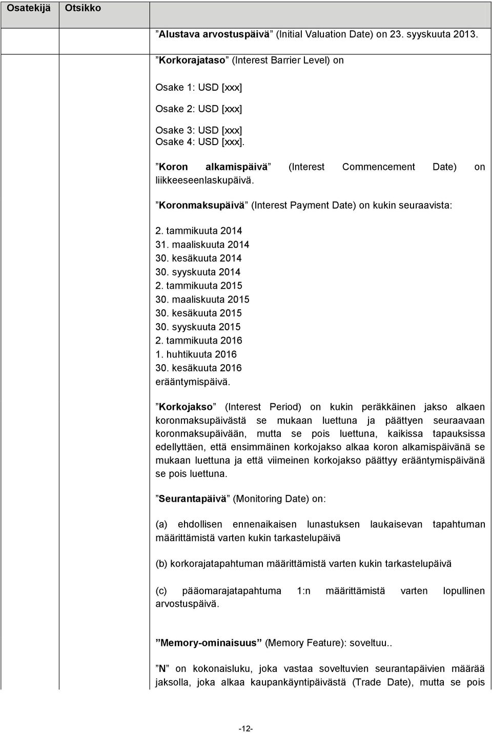 syyskuuta 2014 2. tammikuuta 2015 30. maaliskuuta 2015 30. kesäkuuta 2015 30. syyskuuta 2015 2. tammikuuta 2016 1. huhtikuuta 2016 30. kesäkuuta 2016 erääntymispäivä.