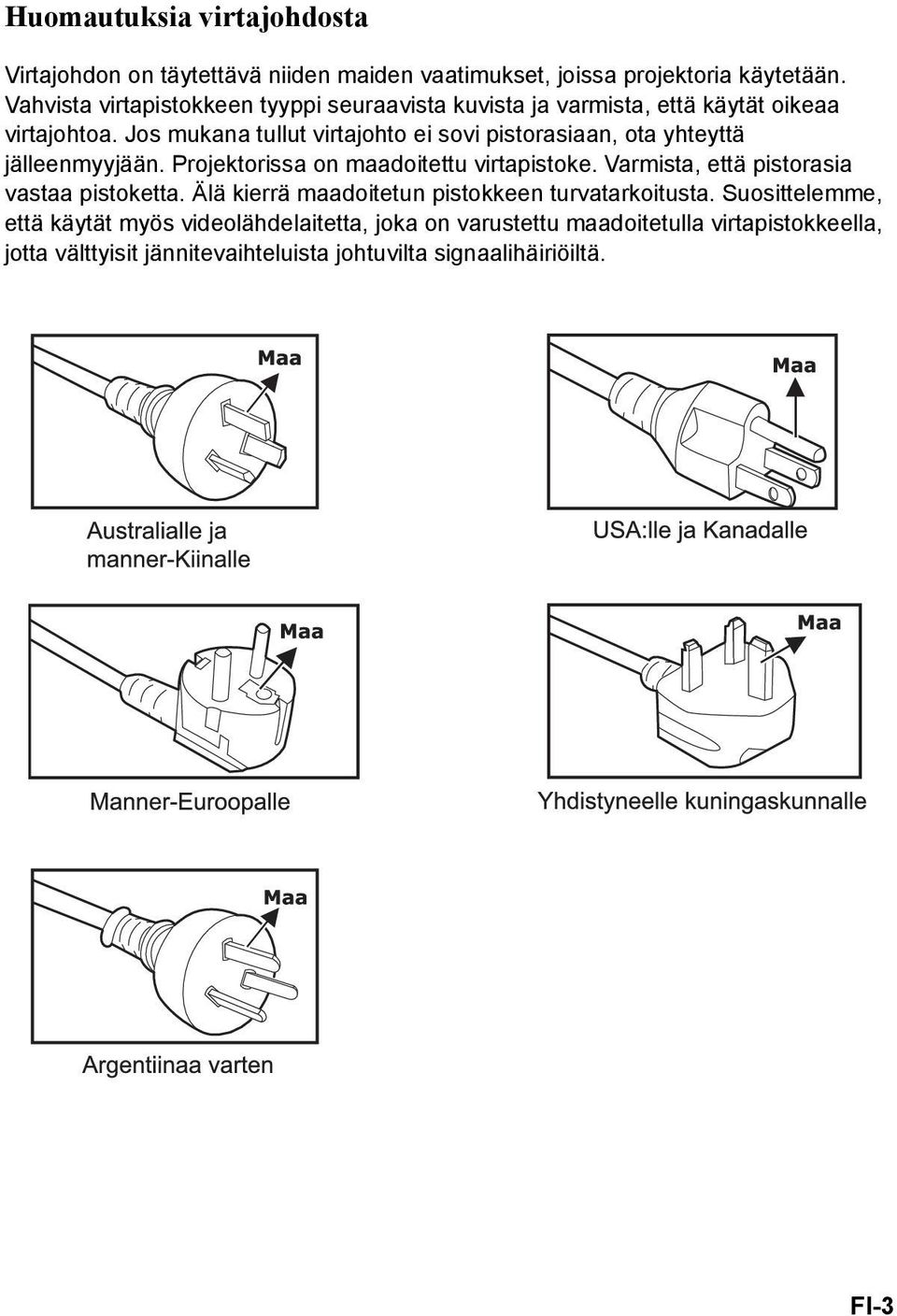 Jos mukana tullut virtajohto ei sovi pistorasiaan, ota yhteyttä jälleenmyyjään. Projektorissa on maadoitettu virtapistoke.