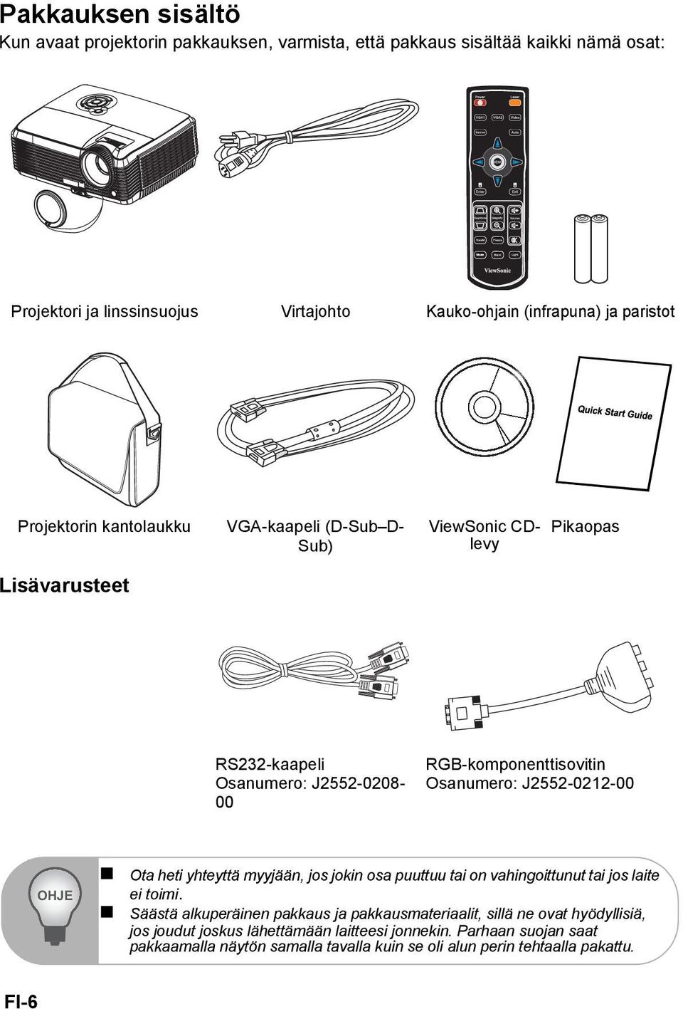 Osanumero: J2552-0212-00 OHJE Ota heti yhteyttä myyjään, jos jokin osa puuttuu tai on vahingoittunut tai jos laite ei toimi.