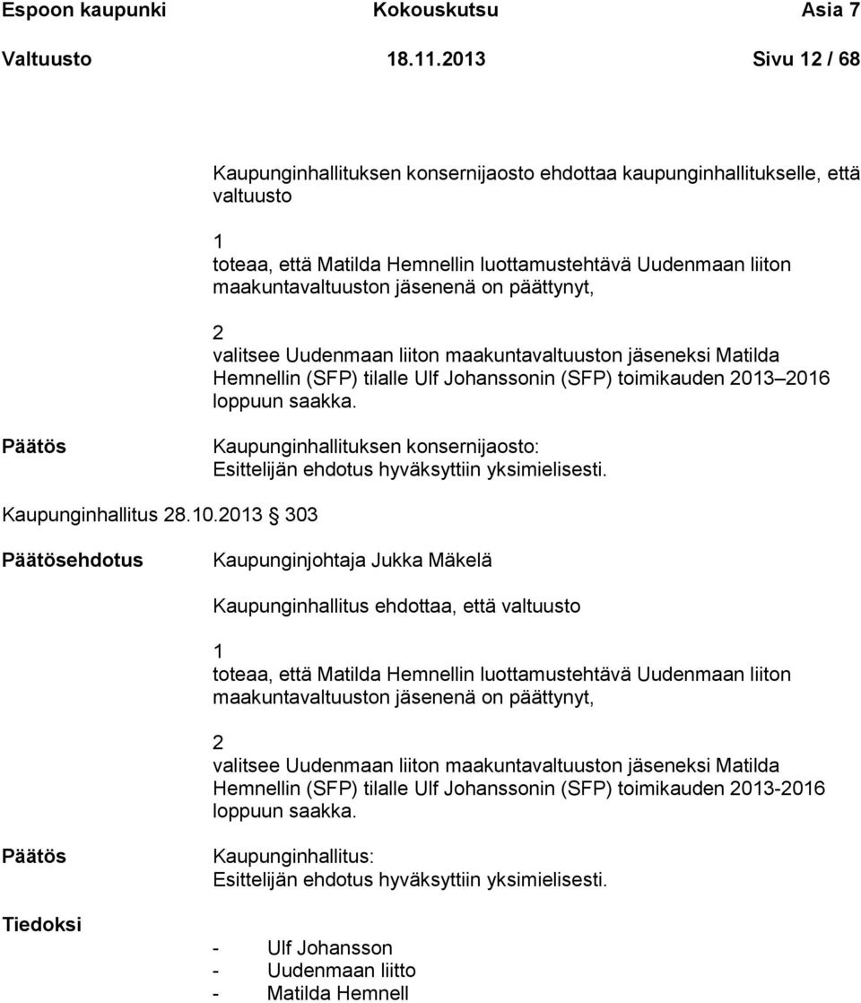 päättynyt, 2 valitsee Uudenmaan liiton maakuntavaltuuston jäseneksi Matilda Hemnellin (SFP) tilalle Ulf Johanssonin (SFP) toimikauden 2013 2016 loppuun saakka.