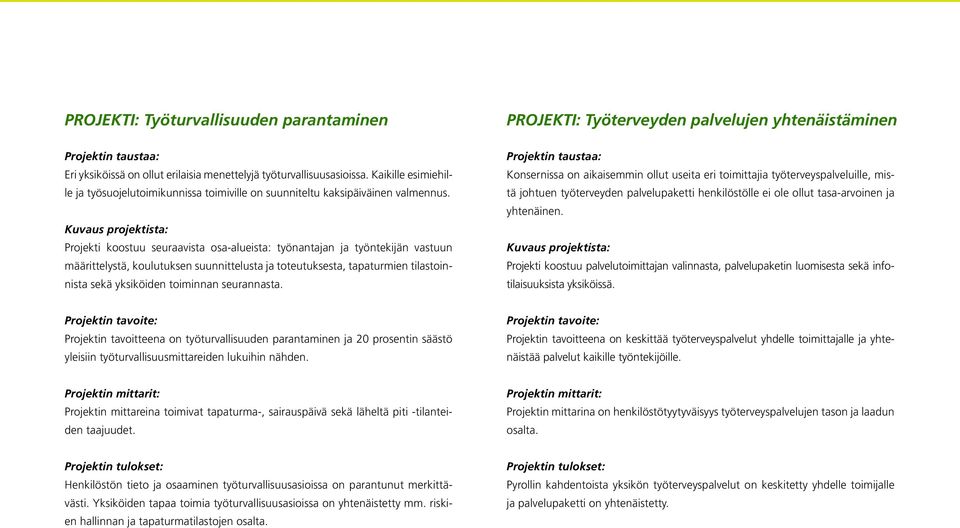 Kuvaus projektista: Projekti koostuu seuraavista osa-alueista: työnantajan ja työntekijän vastuun määrittelystä, koulutuksen suunnittelusta ja toteutuksesta, tapaturmien tilastoinnista sekä