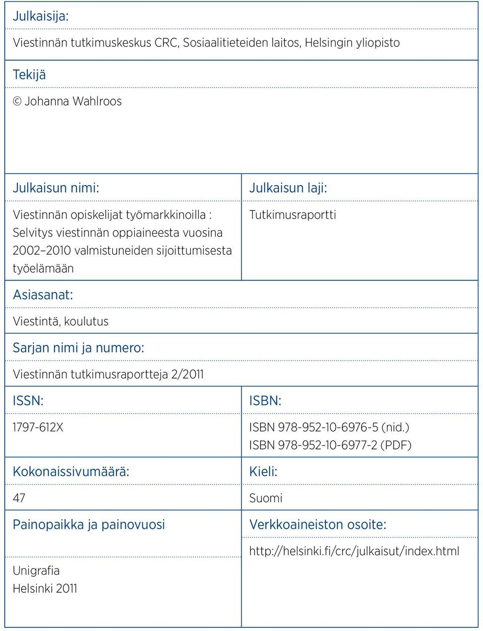 Viestintä, koulutus Sarjan nimi ja numero: Viestinnän tutkimusraportteja 2/2011 ISSN: ISBN: 1797-612X ISBN 978-952-10-6976-5 (nid.