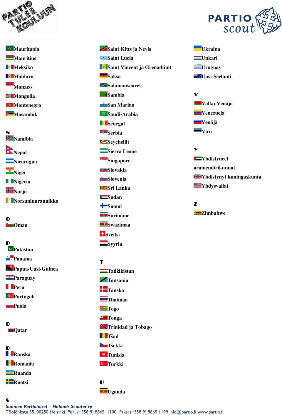 Senegal Serbia Seychellit Sierra Leone Singapore Slovakia Slovenia Sri Lanka Sudan Suomi Suriname Swazimaa Sveitsi Syyria Tadžikistan Tansania Tanska Thaimaa Togo Tonga Trinidad ja