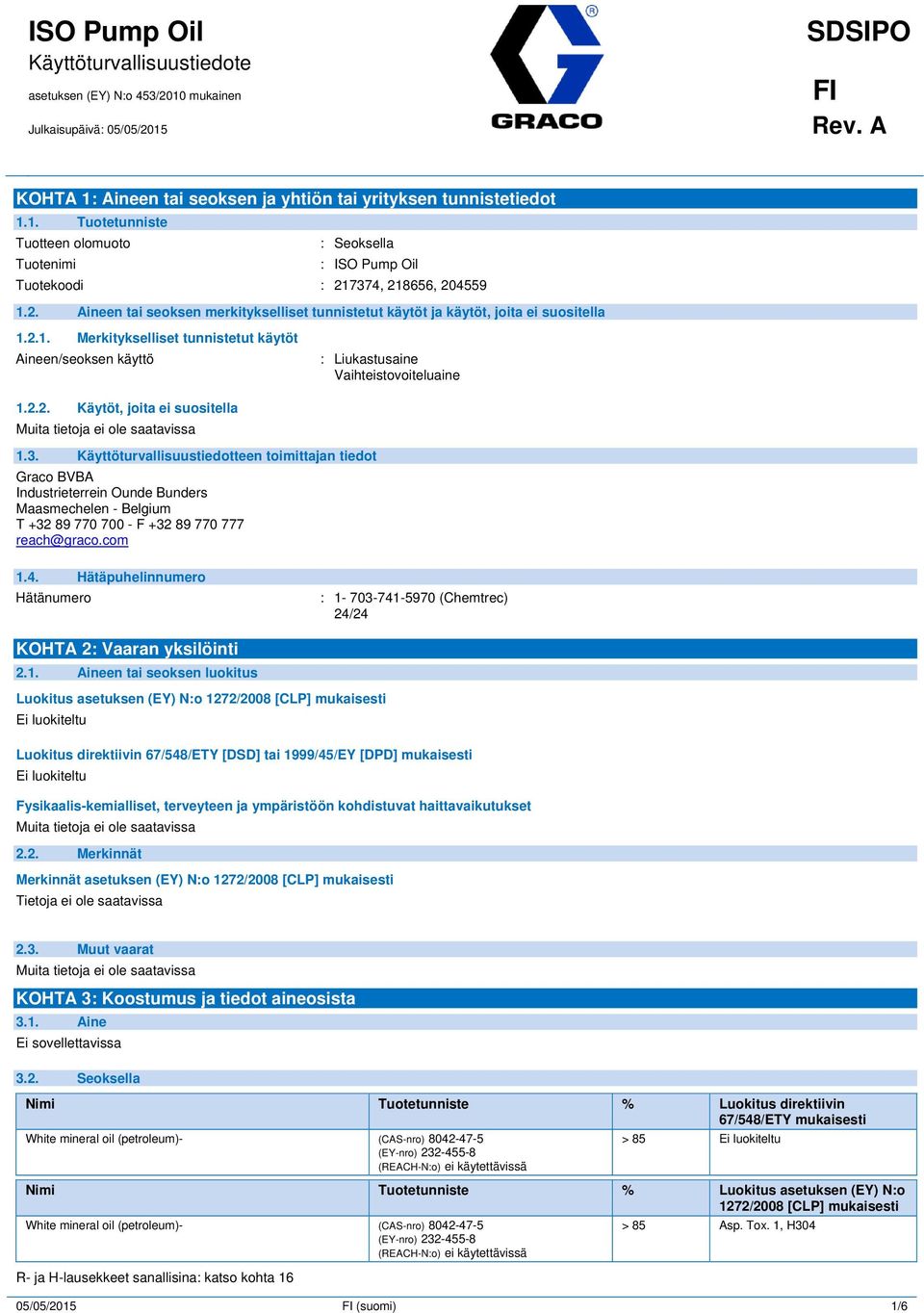 3. Käyttöturvallisuustiedotteen toimittajan tiedot Graco BVBA Industrieterrein Ounde Bunders Maasmechelen - Belgium T +32 89 770 700 - F +32 89 770 777 reach@graco.com 1.4.