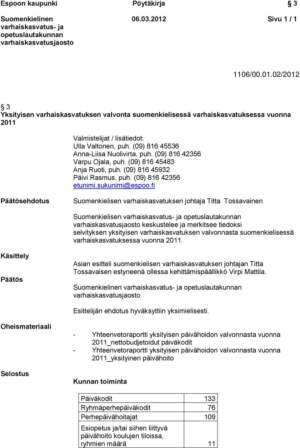 fi Päätösehdotus Suomenkielisen varhaiskasvatuksen johtaja Titta Tossavainen Suomenkielisen keskustelee ja merkitsee tiedoksi selvityksen yksityisen varhaiskasvatuksen valvonnasta suomenkielisessä