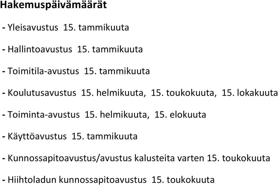 toukokuuta, 15. lokakuuta - Toiminta-avustus 15. helmikuuta, 15. elokuuta - Käyttöavustus 15.