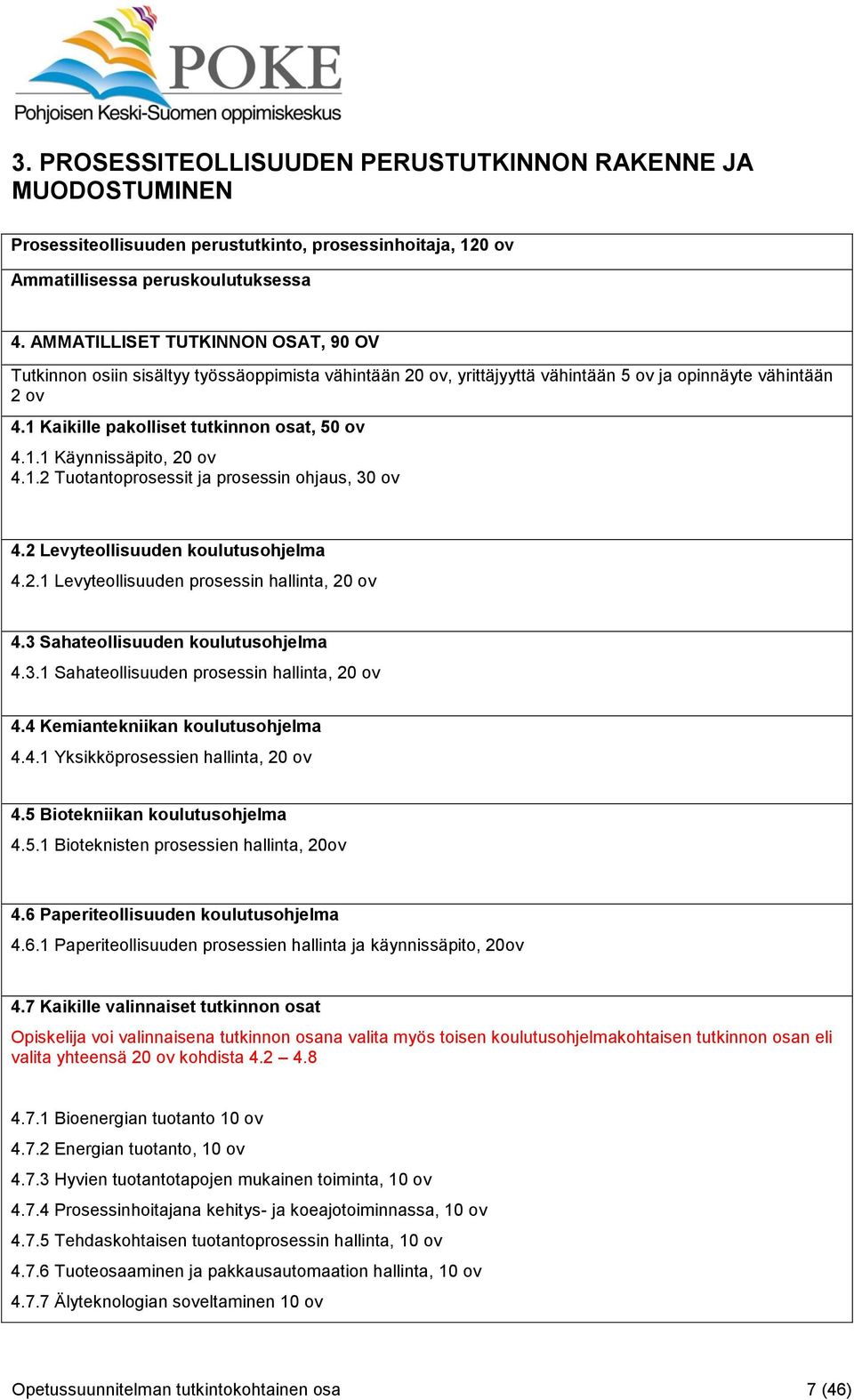 1.2 Tuotantoprosessit ja prosessin ohjaus, 30 ov 4.2 Levyteollisuuden koulutusohjelma 4.2.1 Levyteollisuuden prosessin hallinta, 20 ov 4.3 Sahateollisuuden koulutusohjelma 4.3.1 Sahateollisuuden prosessin hallinta, 20 ov 4.