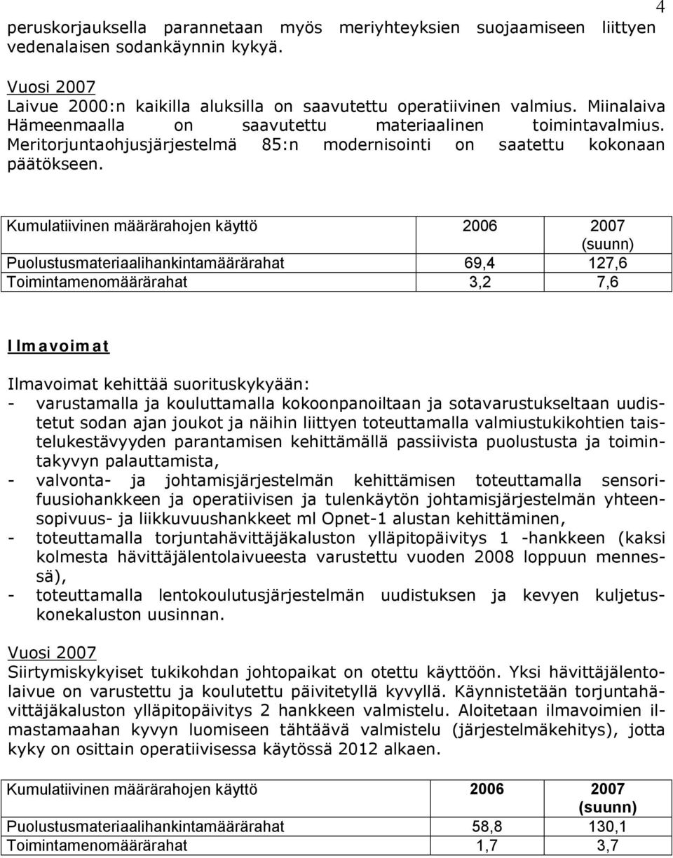 Kumulatiivinen määrärahojen käyttö 2006 Puolustusmateriaalihankintamäärärahat 69,4 127,6 Toimintamenomäärärahat 3,2 7,6 Ilmavoimat Ilmavoimat kehittää suorituskykyään: - varustamalla ja kouluttamalla